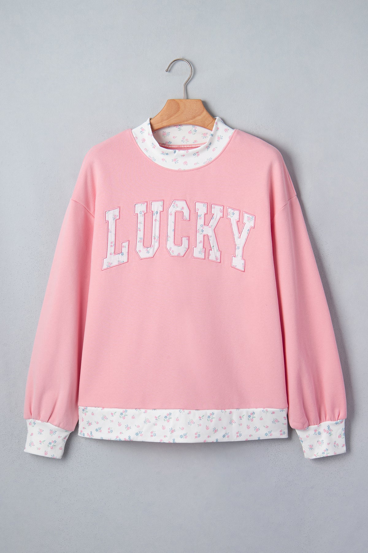 Pink High Neck Floral Patch Embroidery Sweatshirt