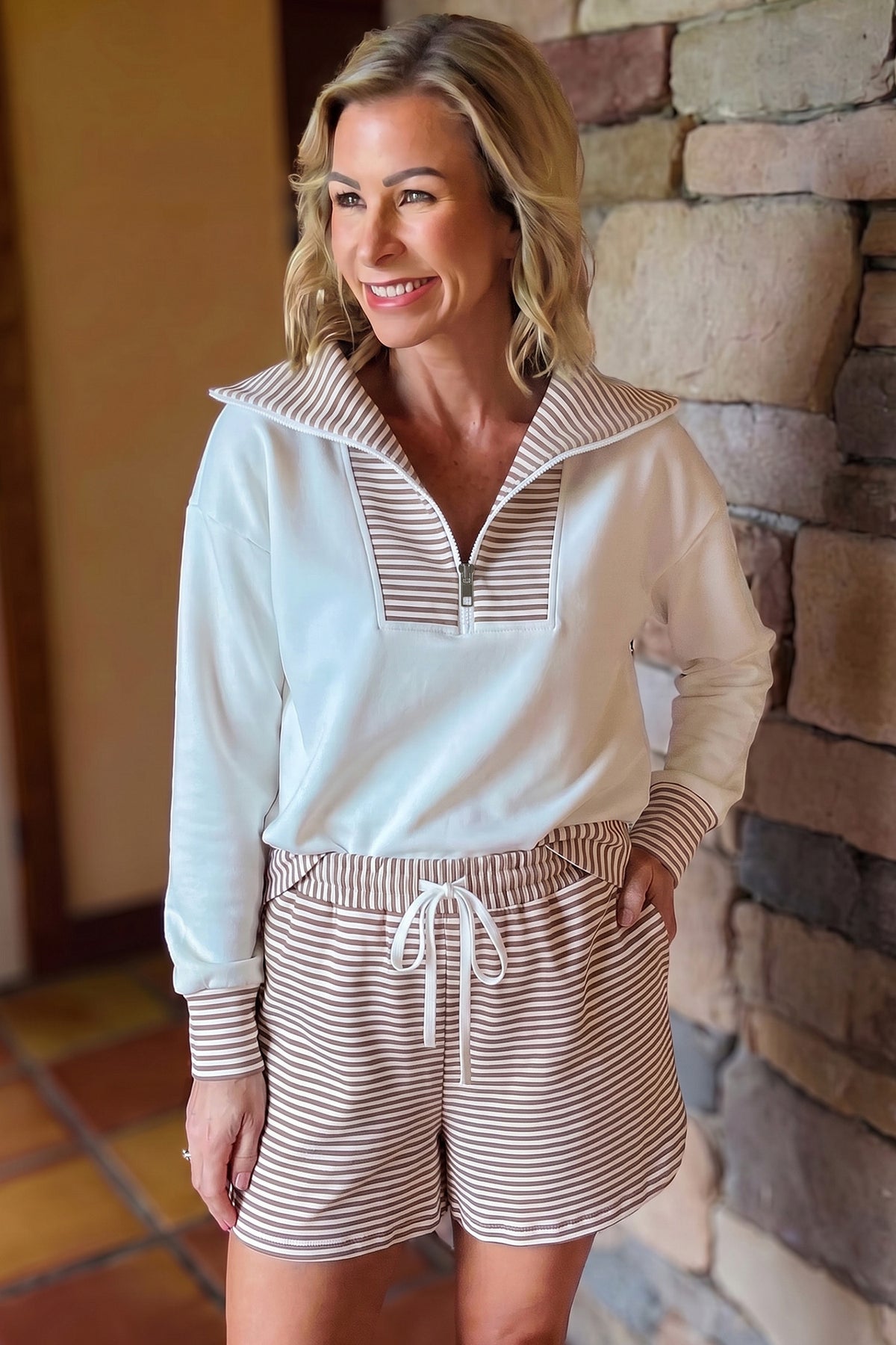 Khaki Stripe Color Block Top and Shorts Set