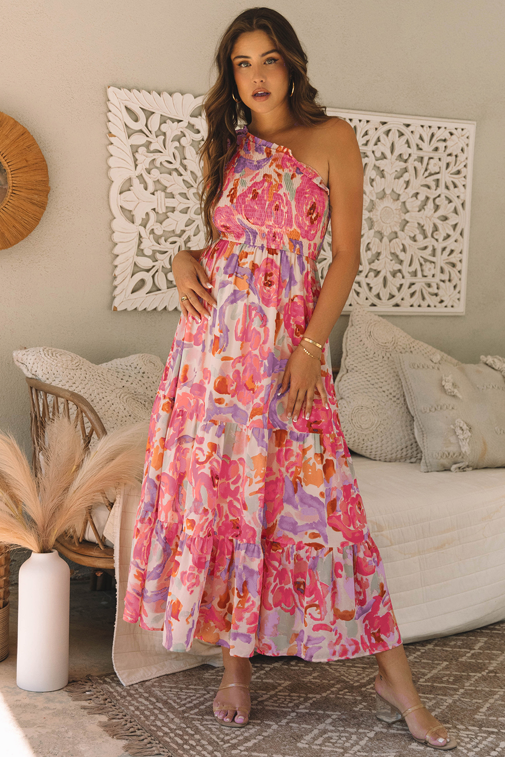 Pink Abstract One-Shoulder Maxi Dress