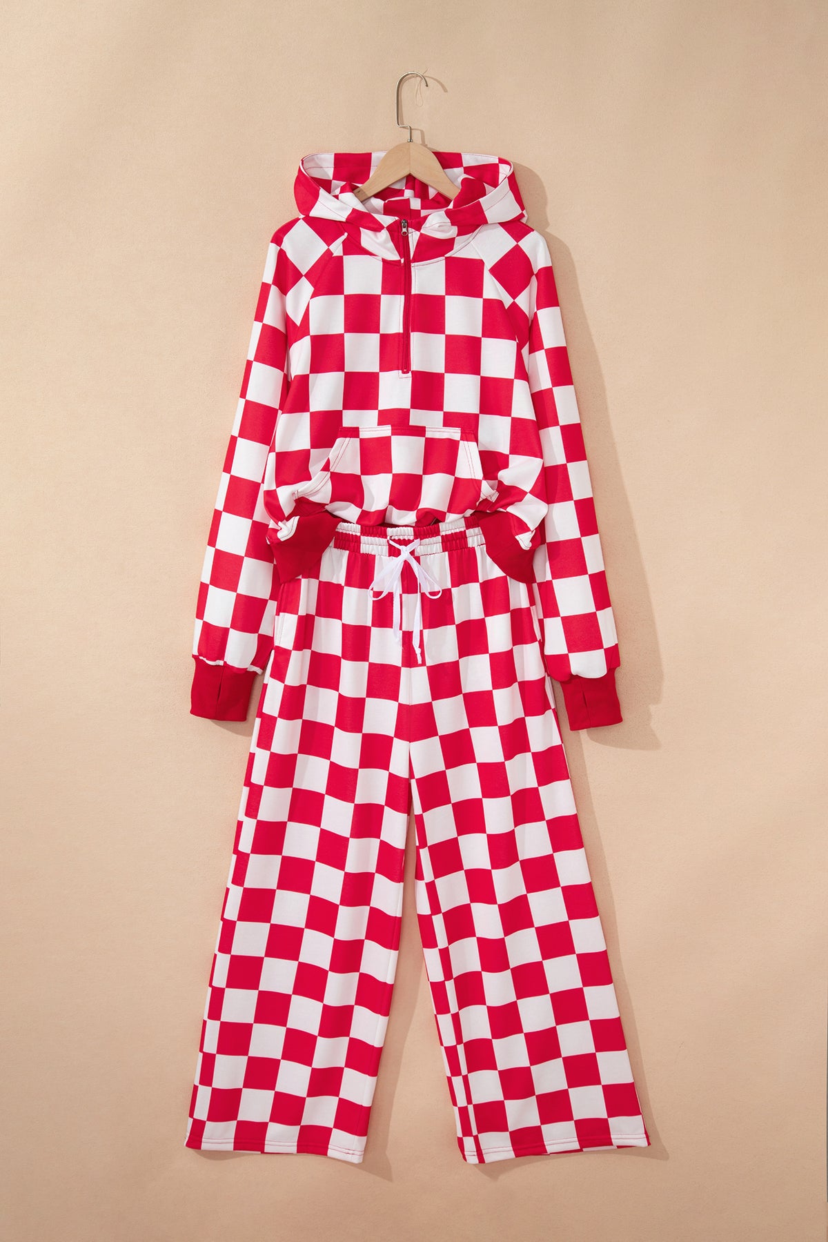 Women's Red Checkered Print Half Zip Hoodie Pants Two-Piece Set