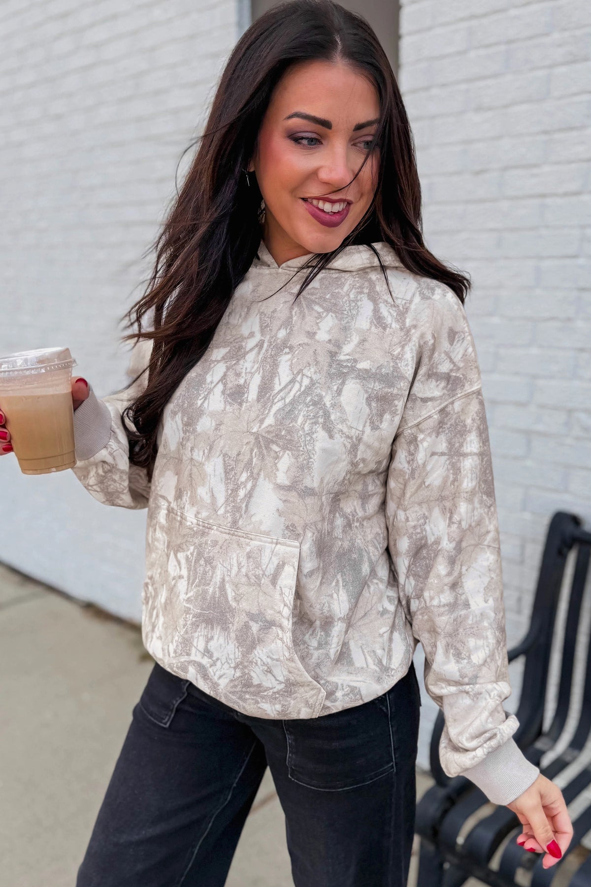 Gray Abstract Print Ribbed Cuffs Hem Hoodie
