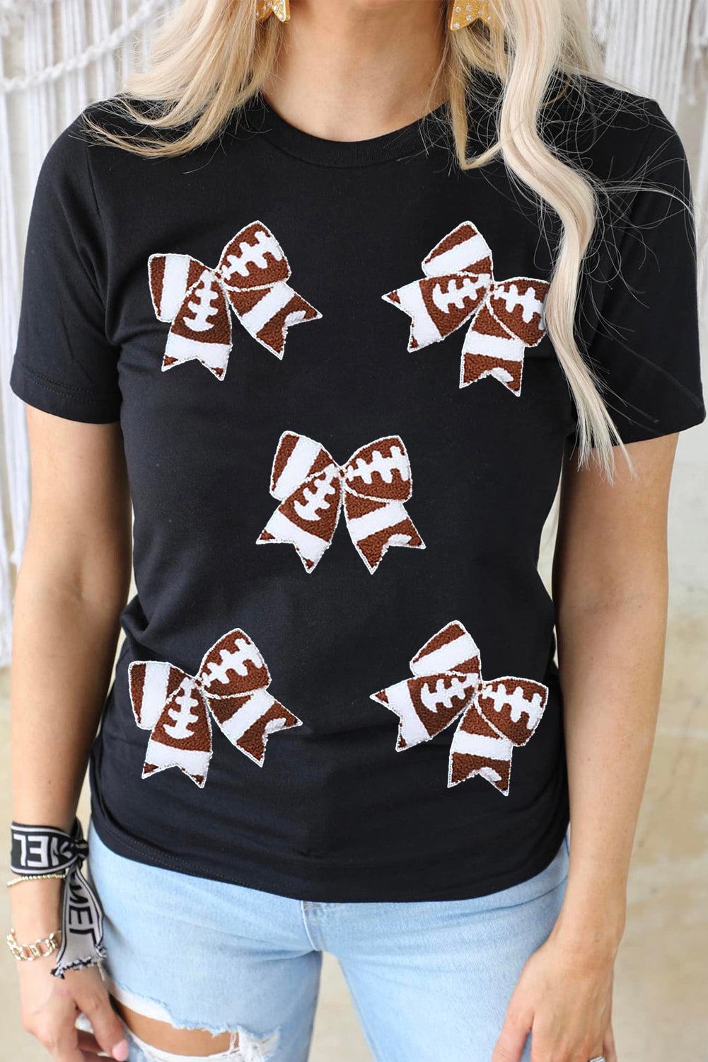 Black Rugby Football Bowknot Pattern Game Day T-Shirt