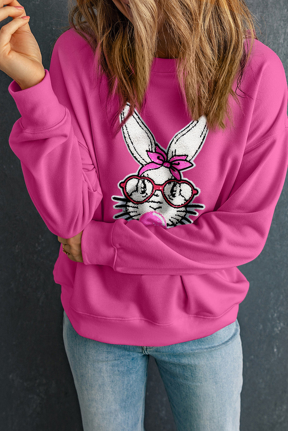 Bonbon Bubble Gum Rabbit Sequin Graphic Drop Shoulder Sweatshirt