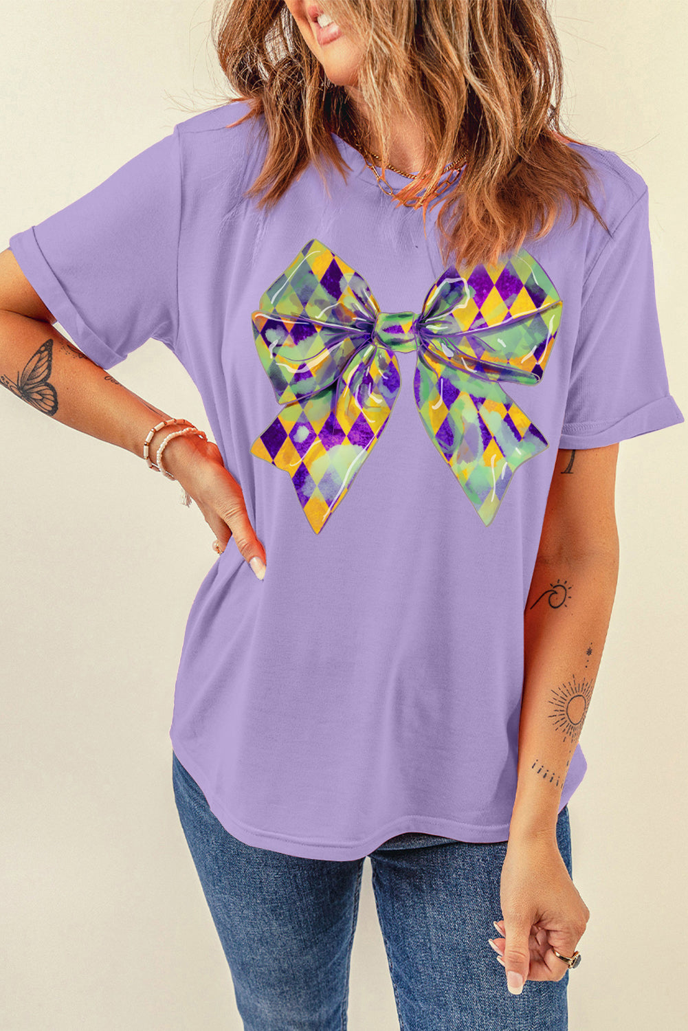 Wisteria Mardi Gras Bowknot Pattern Crew Neck T-Shirt