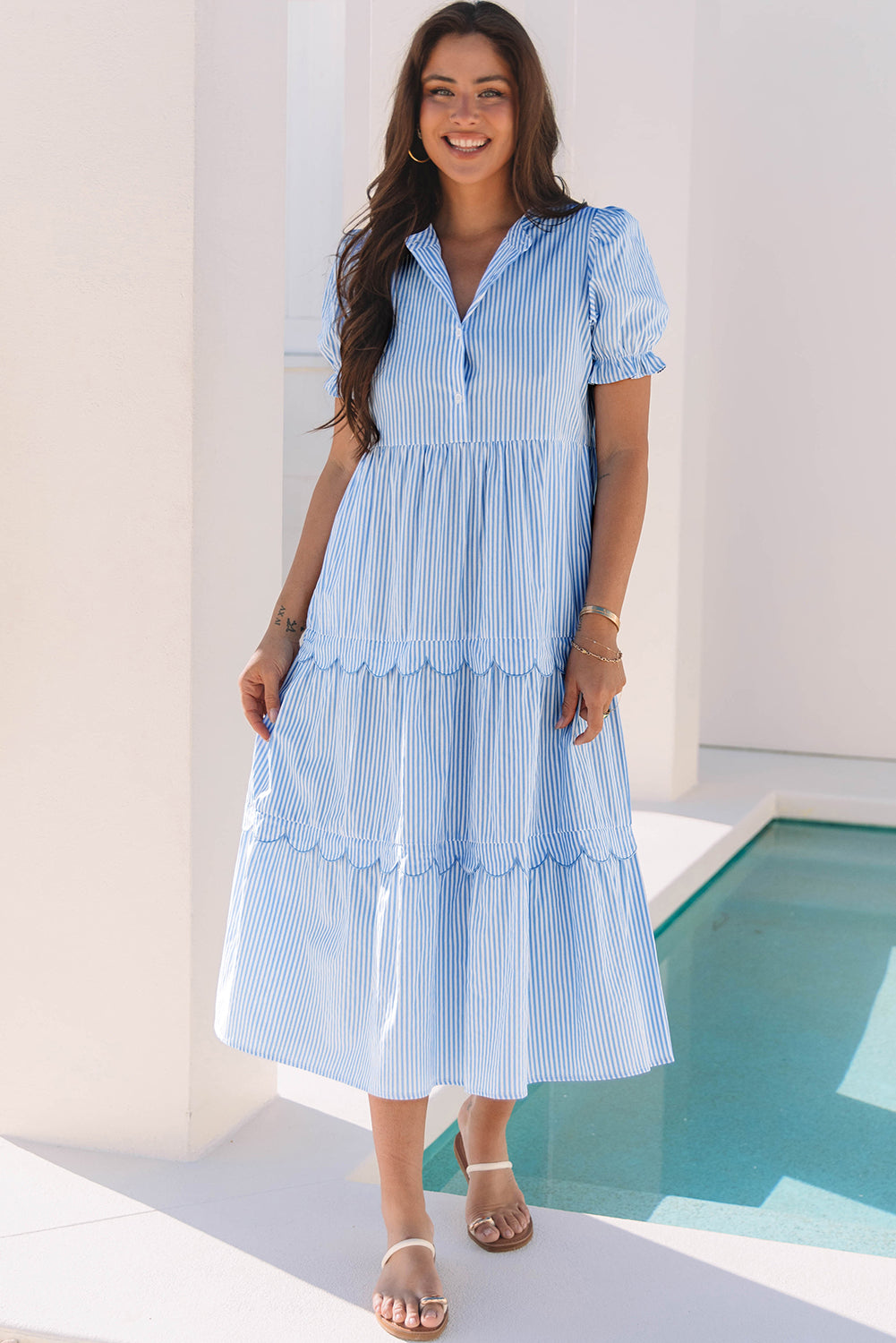 Sky Blue Stripe Bubble Short Sleeve Tiered Scallop Long Dress