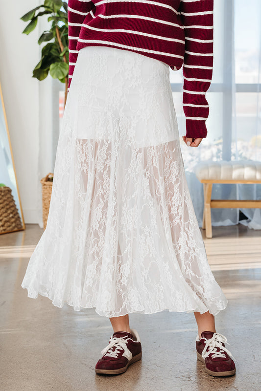 White Sheer Floral Lace Flowy Maxi Skirt