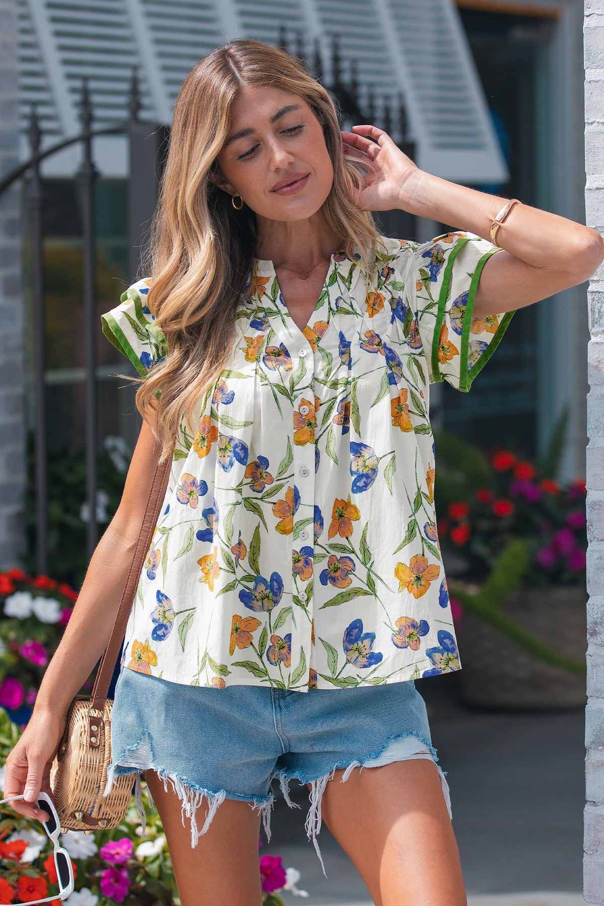 Green Floral Print Ruffle V-Neck Pressed Pleats Cotton Blouse