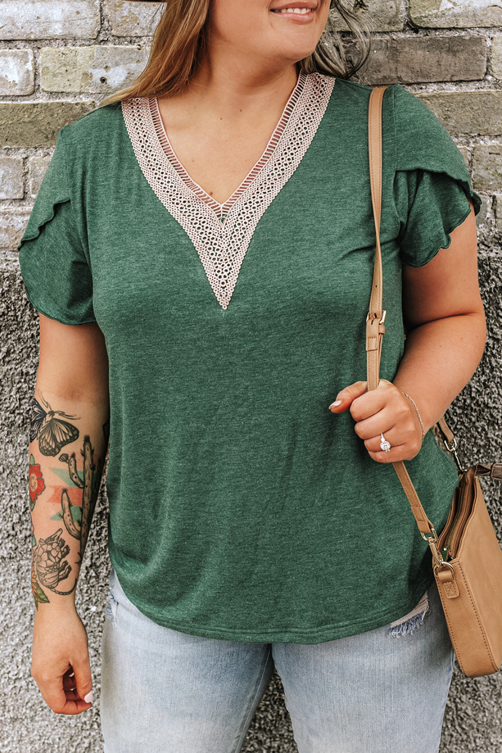 Blackish Green Plus Size Embroidery V-Neck Draped Sleeve Blouse