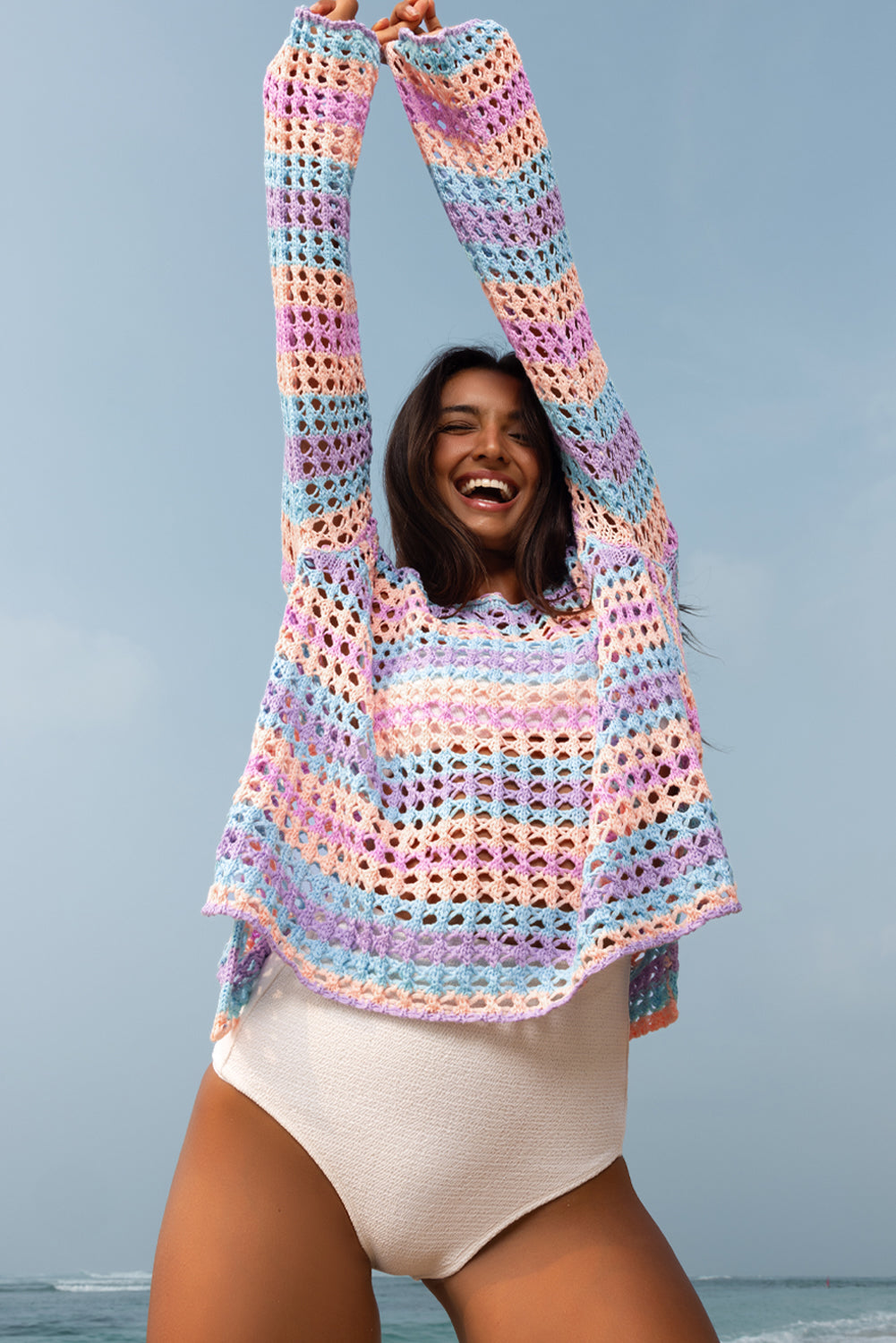 Purple Stripe Open-Knit Beach Cover-Up