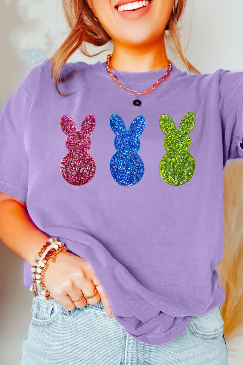 Wisteria Easter Shiny Bunny Graphic Crewneck T-Shirt