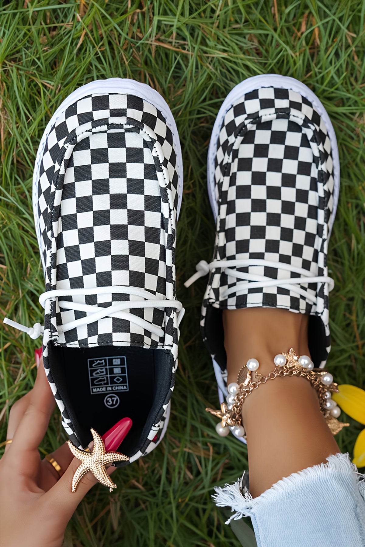 Black Checkered Faux Suede Lace-Up Slip-On Sneakers