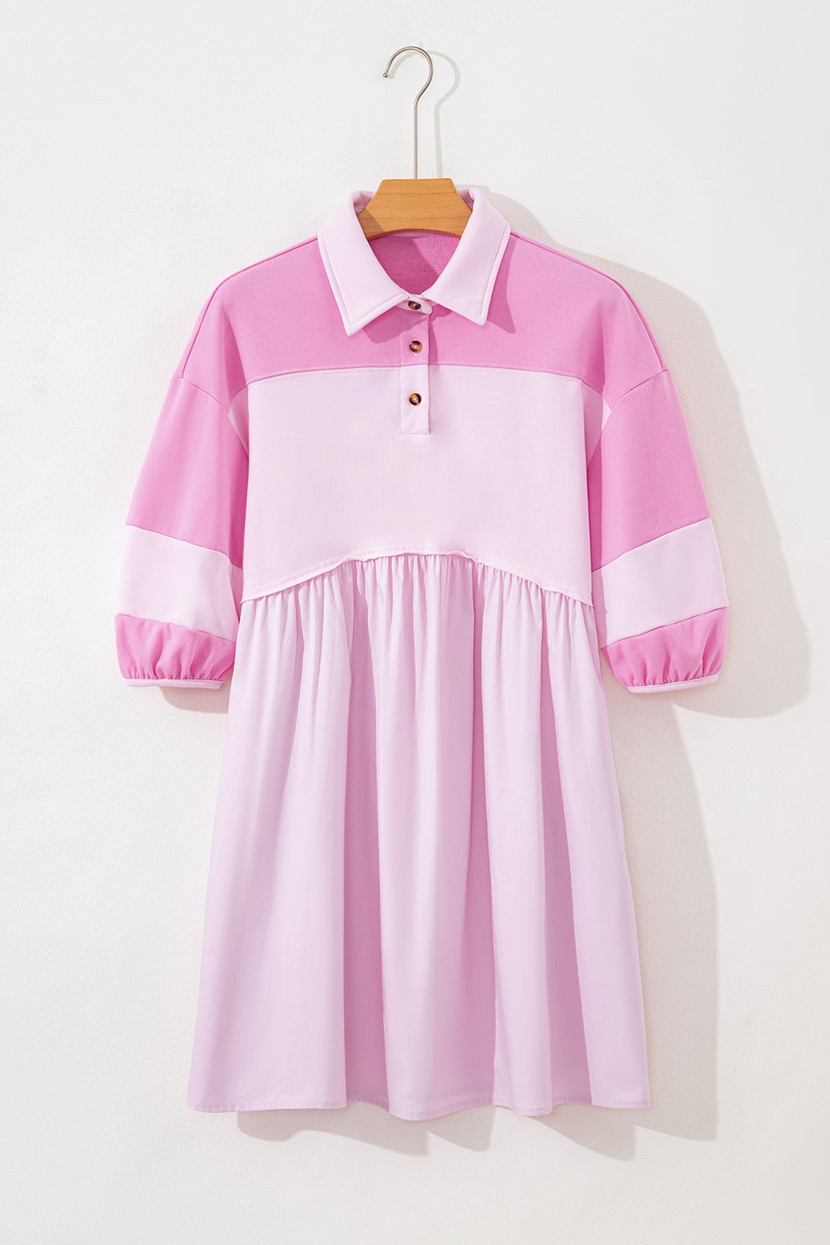 Pink Raw Seam Color Block Patchwork Button Polo Collar Mini Dress
