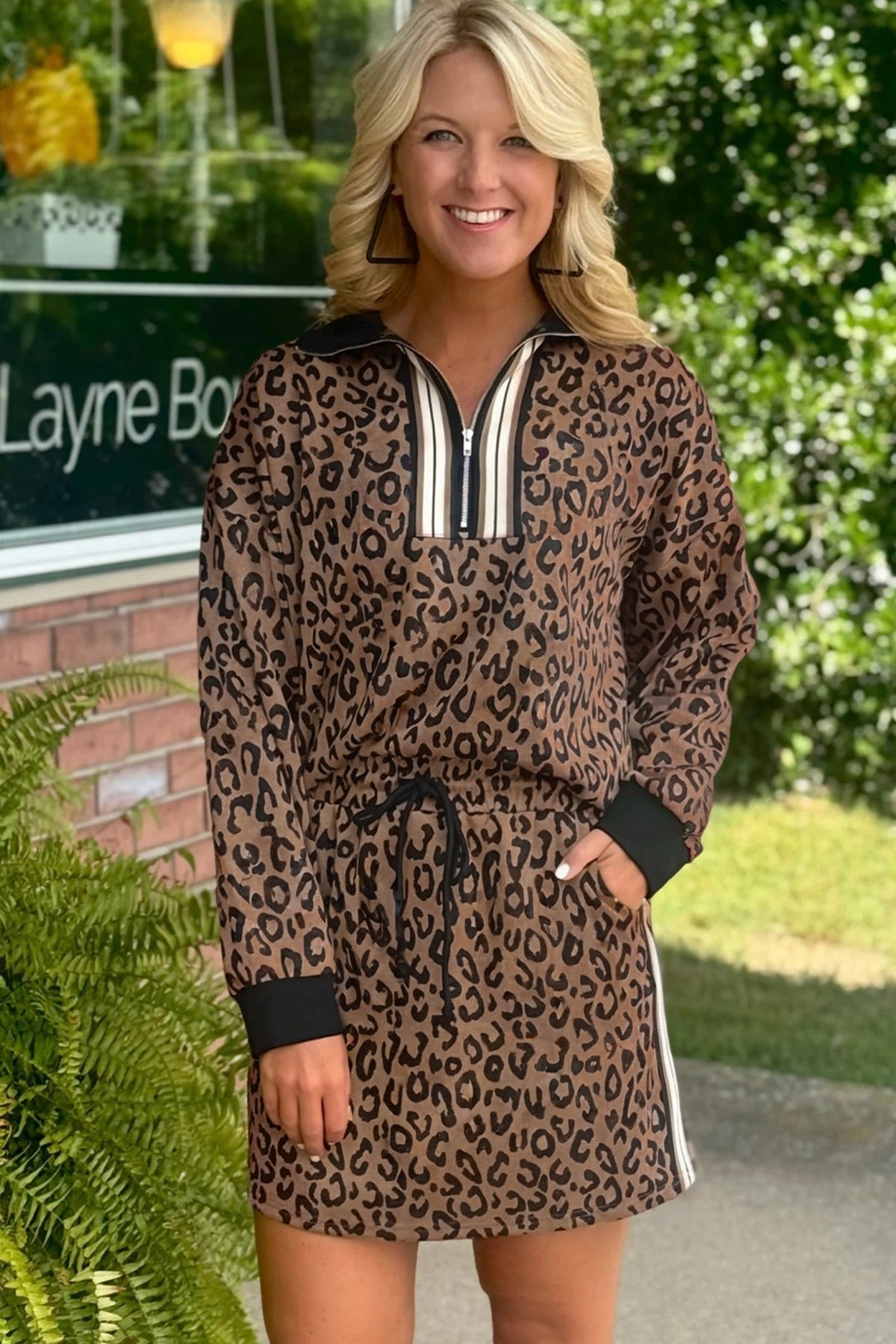 Women's Khaki Leopard Print Quarter Zip Long-Sleeve Top Mini Skort Set