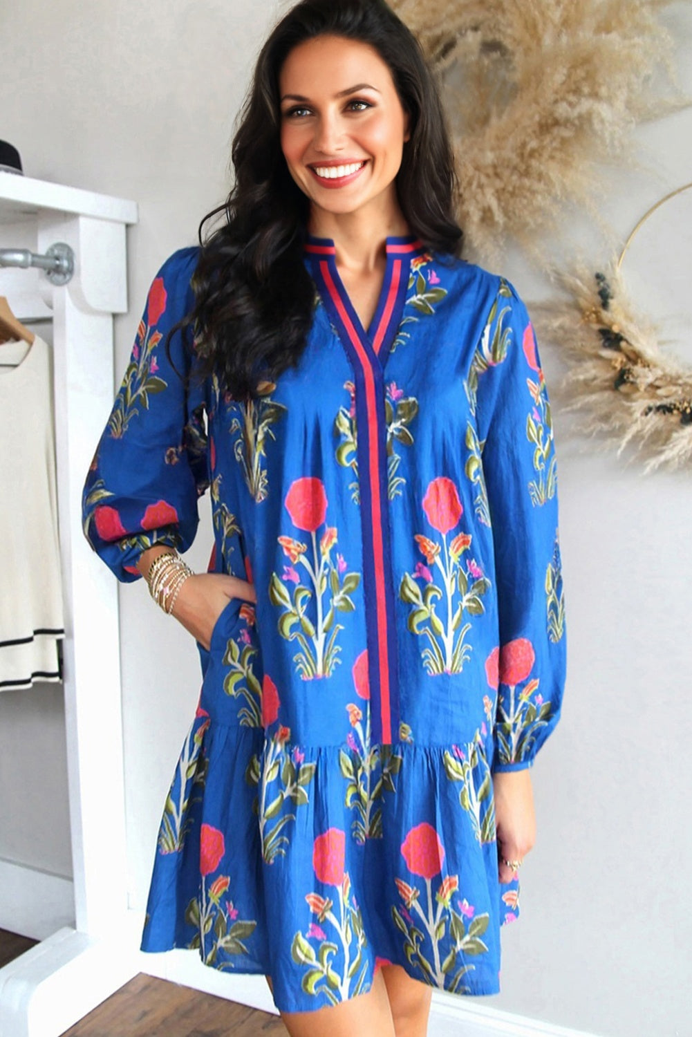 Sky Blue Floral Print Contrast Striped Trim Notched Neck Long Sleeve Dress