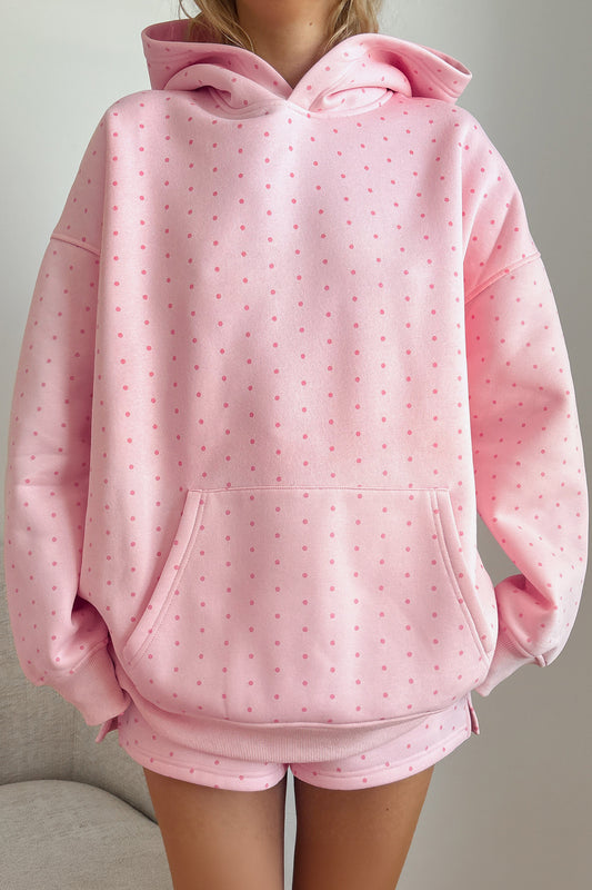 Pink Polka Dot Printed Oversized Hoodie Casual Shorts Set