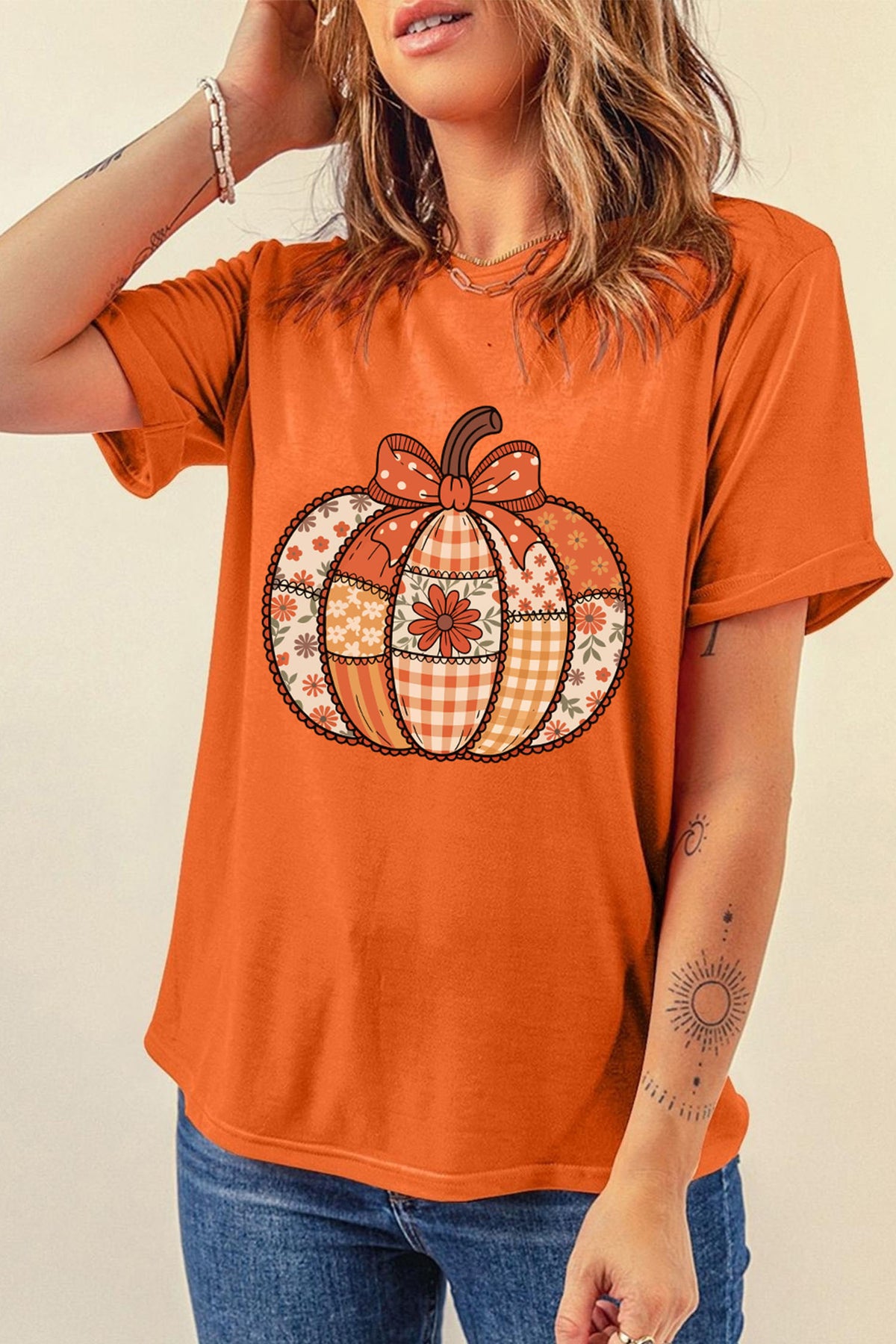 Orange Patchwork Pumpkin Graphic Print Crewneck T-Shirt