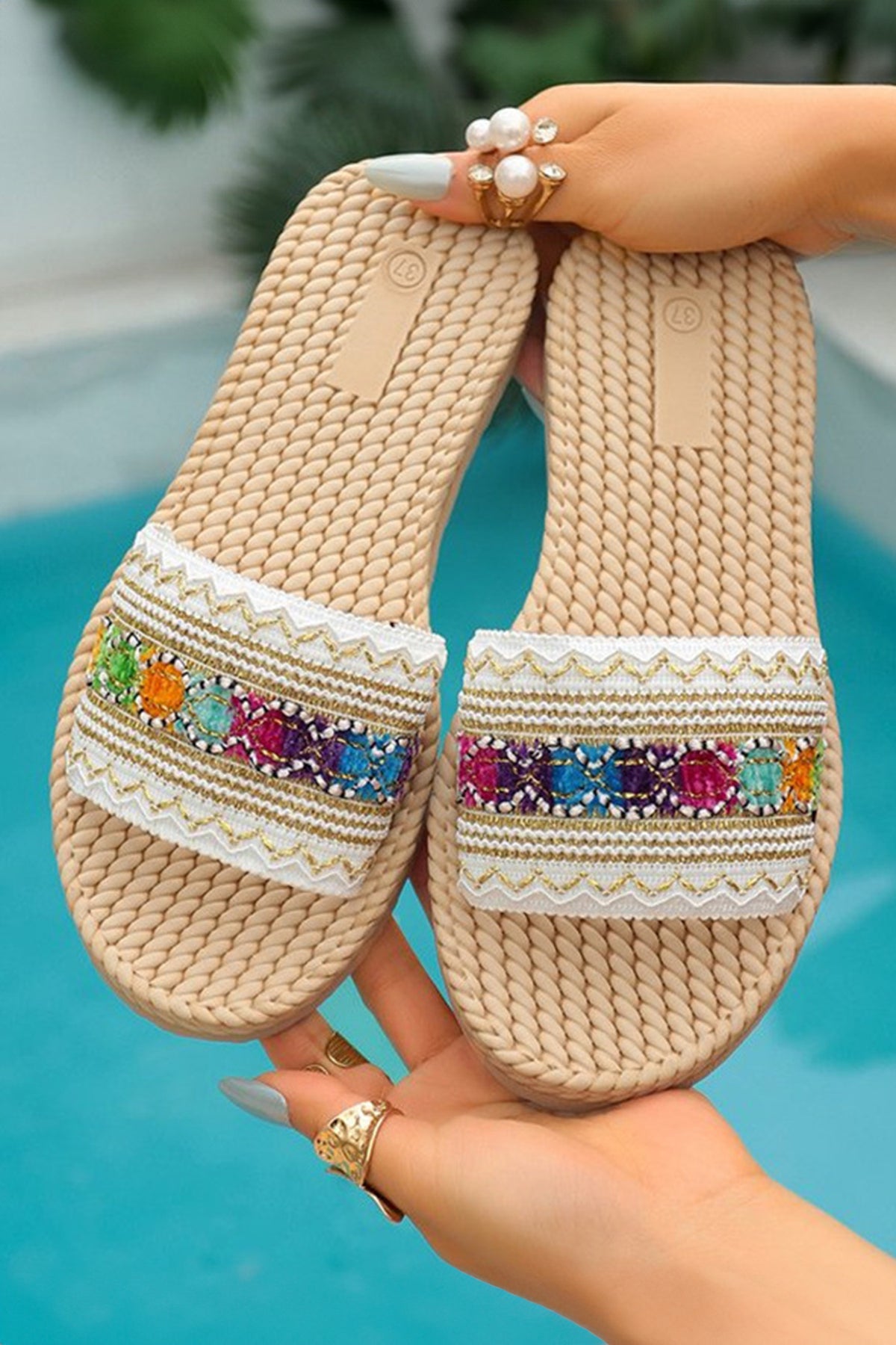 Parchment Bohemian Vacation Woven Colorful Wide Band Sandals