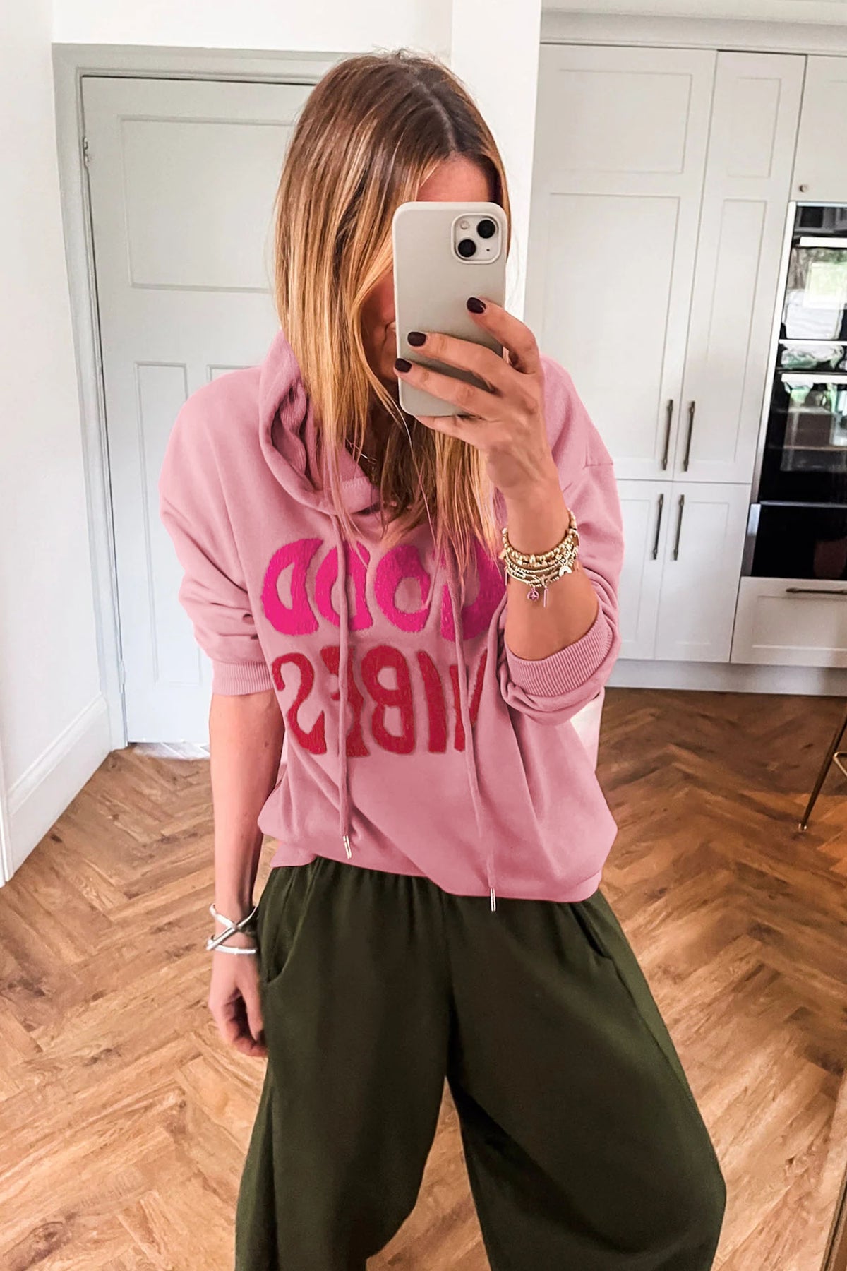 Gossamer Pink GOOD VIBES Chenille Graphic Hoodie