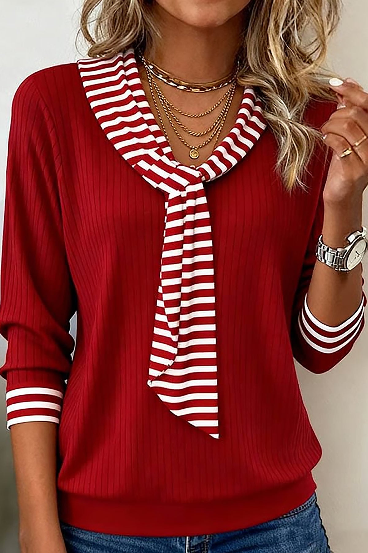 Red Dahlia Striped Tie Collar Long Sleeve Top