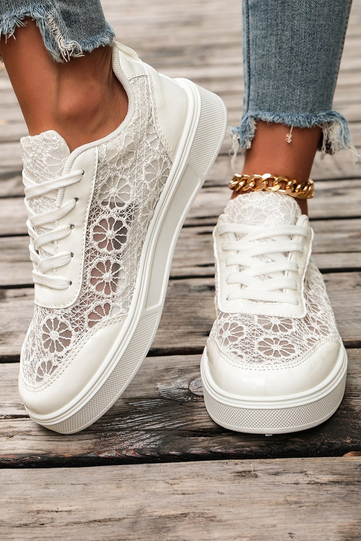 black Sheer Floral Lace Slip-On Casual Sneakers