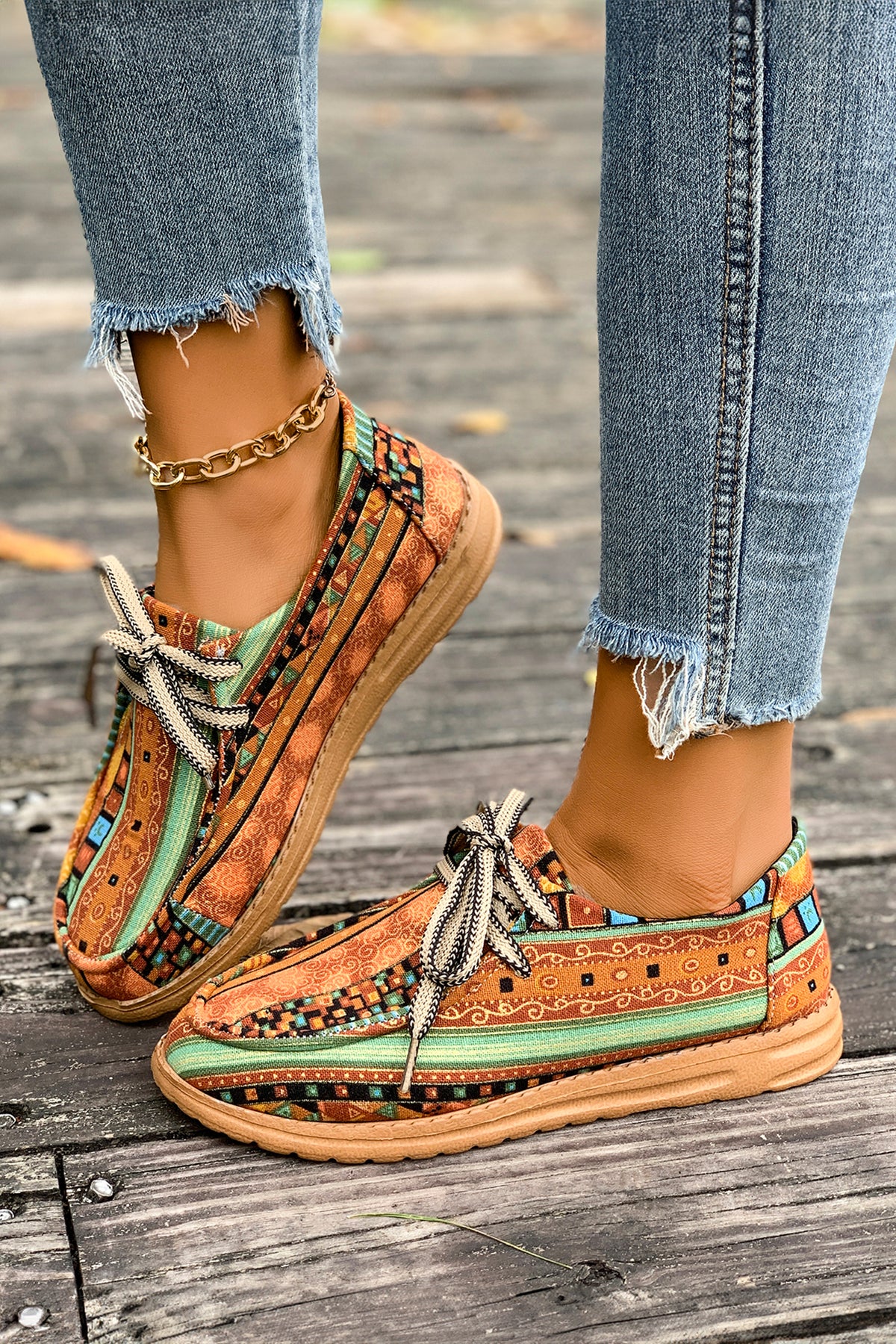 Mustard Ethnic Artistic Print Lace-up Comfort Loafer Shoes