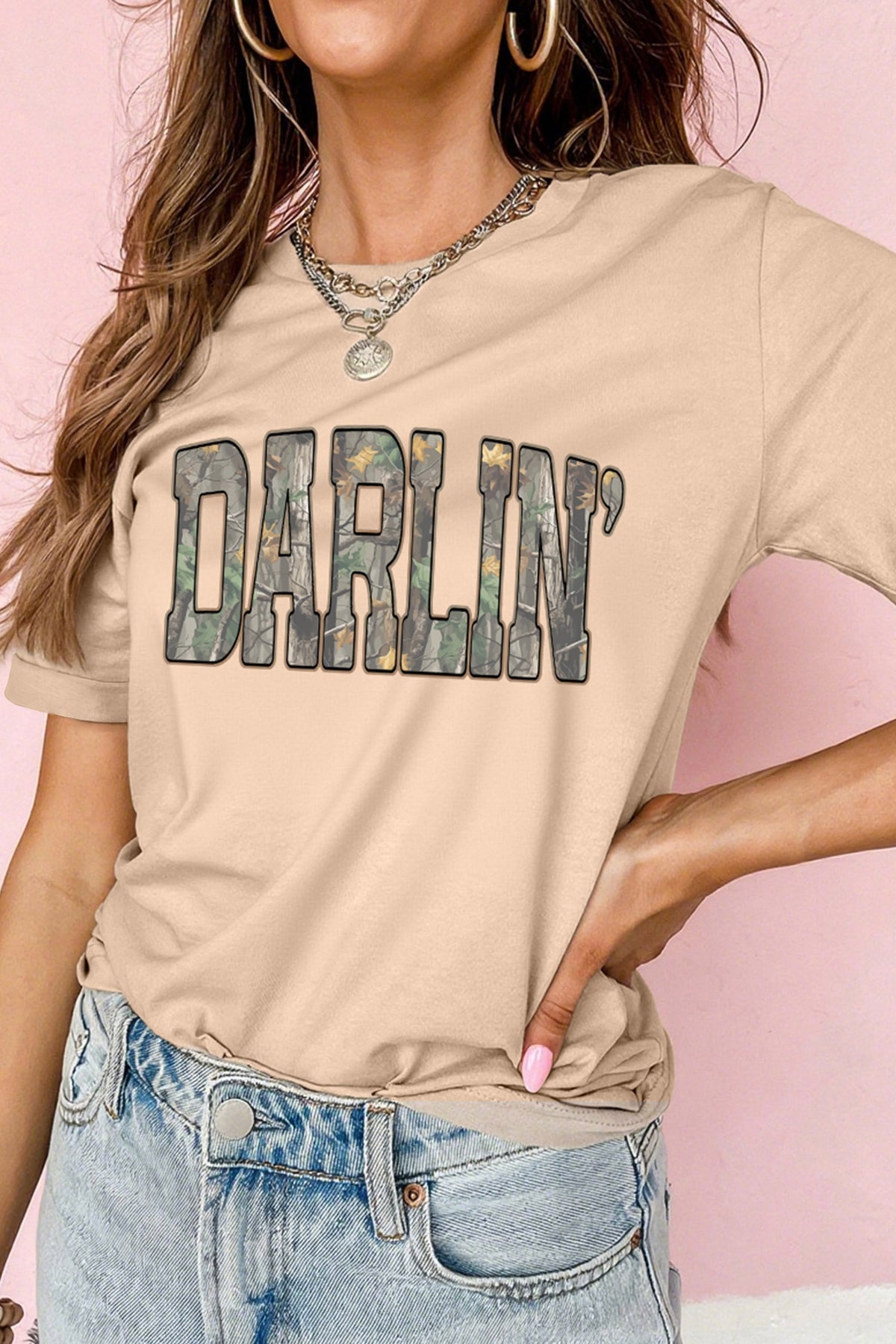 Khaki DARLIN Camo Letter Print Crewneck T-Shirt