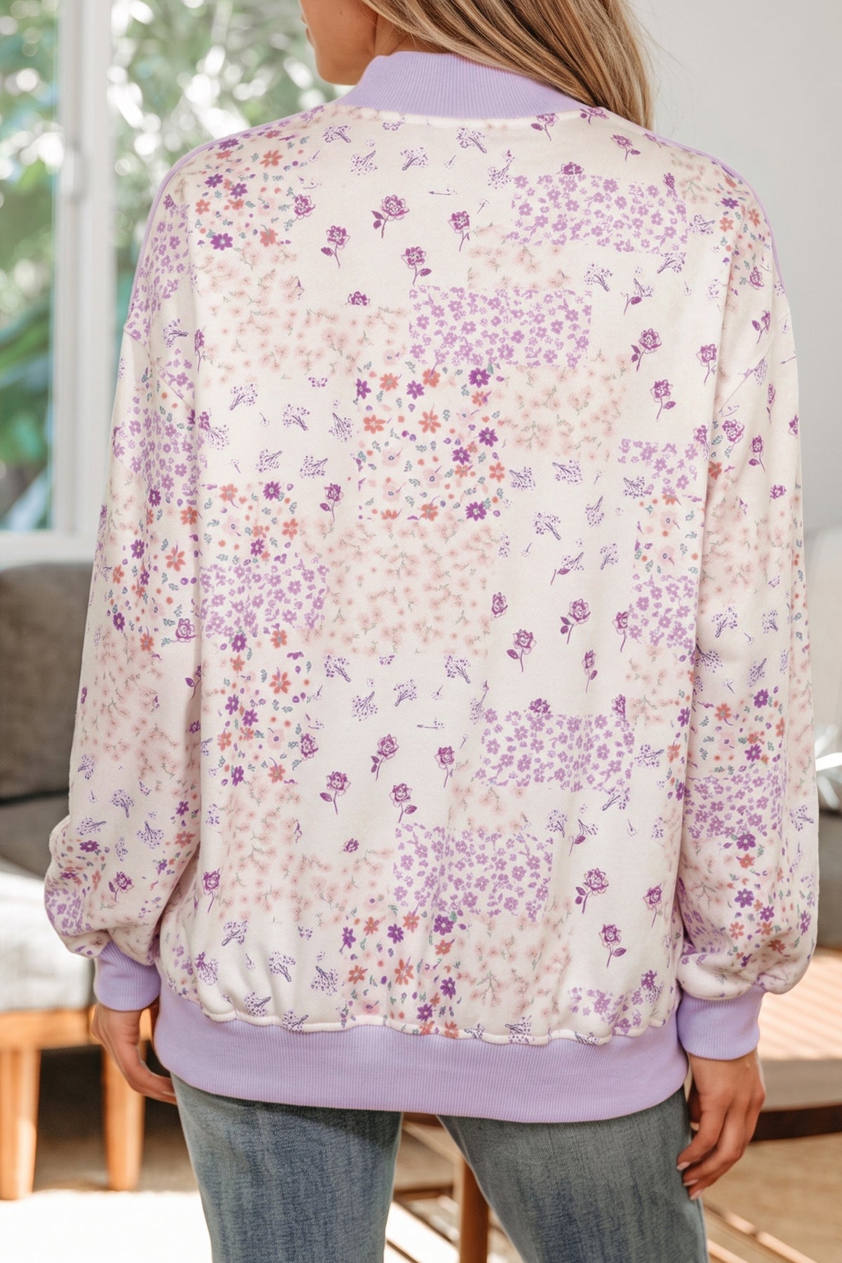 Purple Floral Print High Neck Sleeve Paneling Sweatshirt