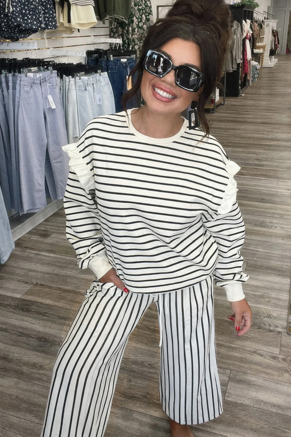 Women's White Stripe Ruffle Trim Drop Shoulder Top & Pants Two-Piece Set