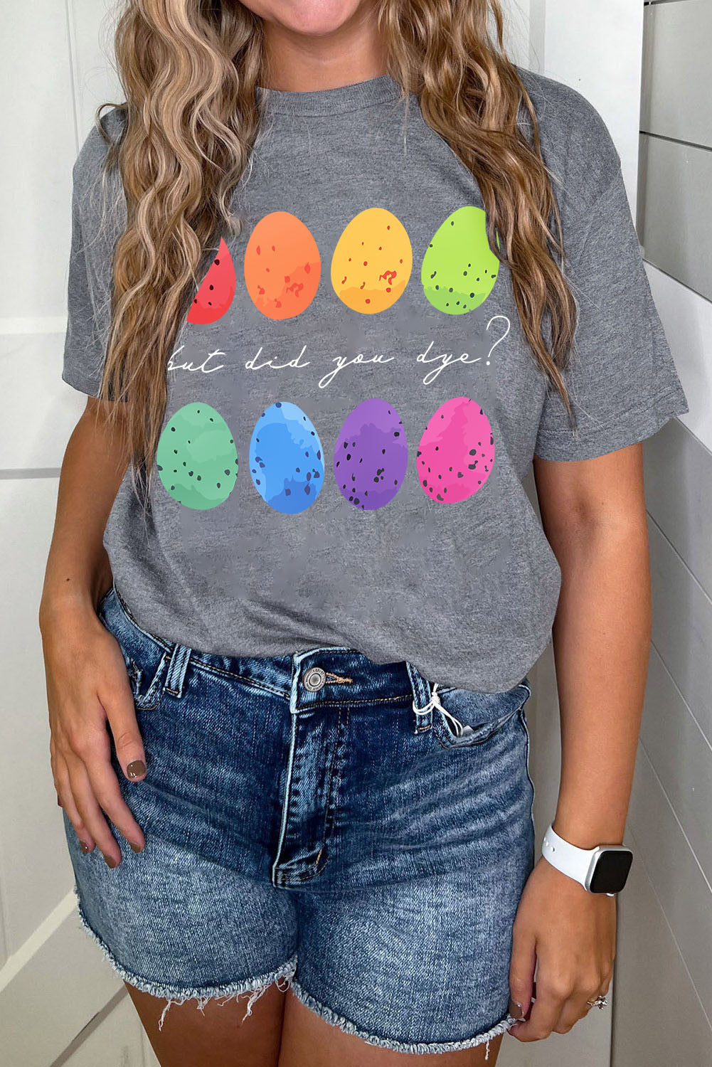 Gray Easter Eggs Print Crew Neck T-Shirt