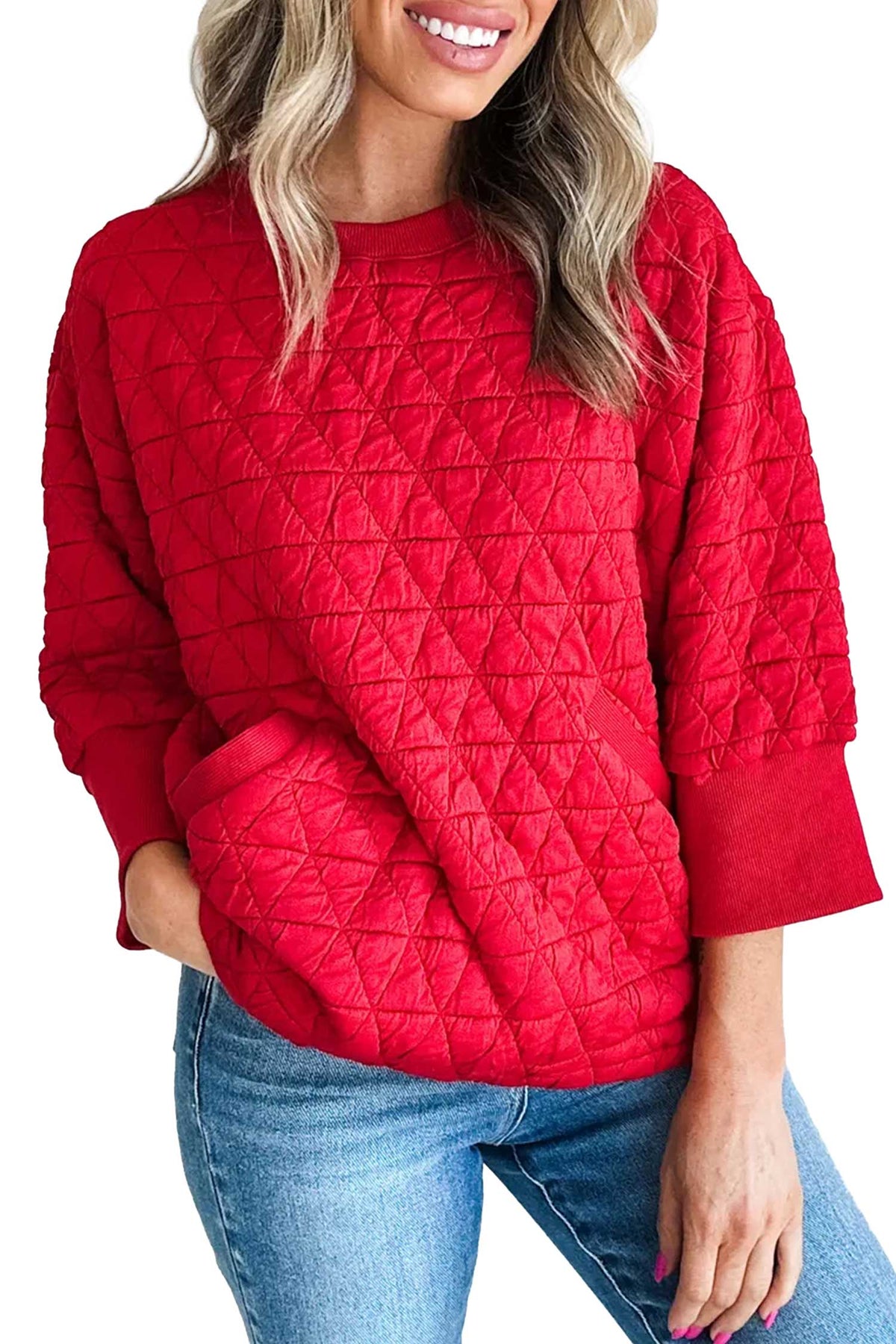 Fiery Red Quilted Diamond 3/4 Sleeve Pocket Top