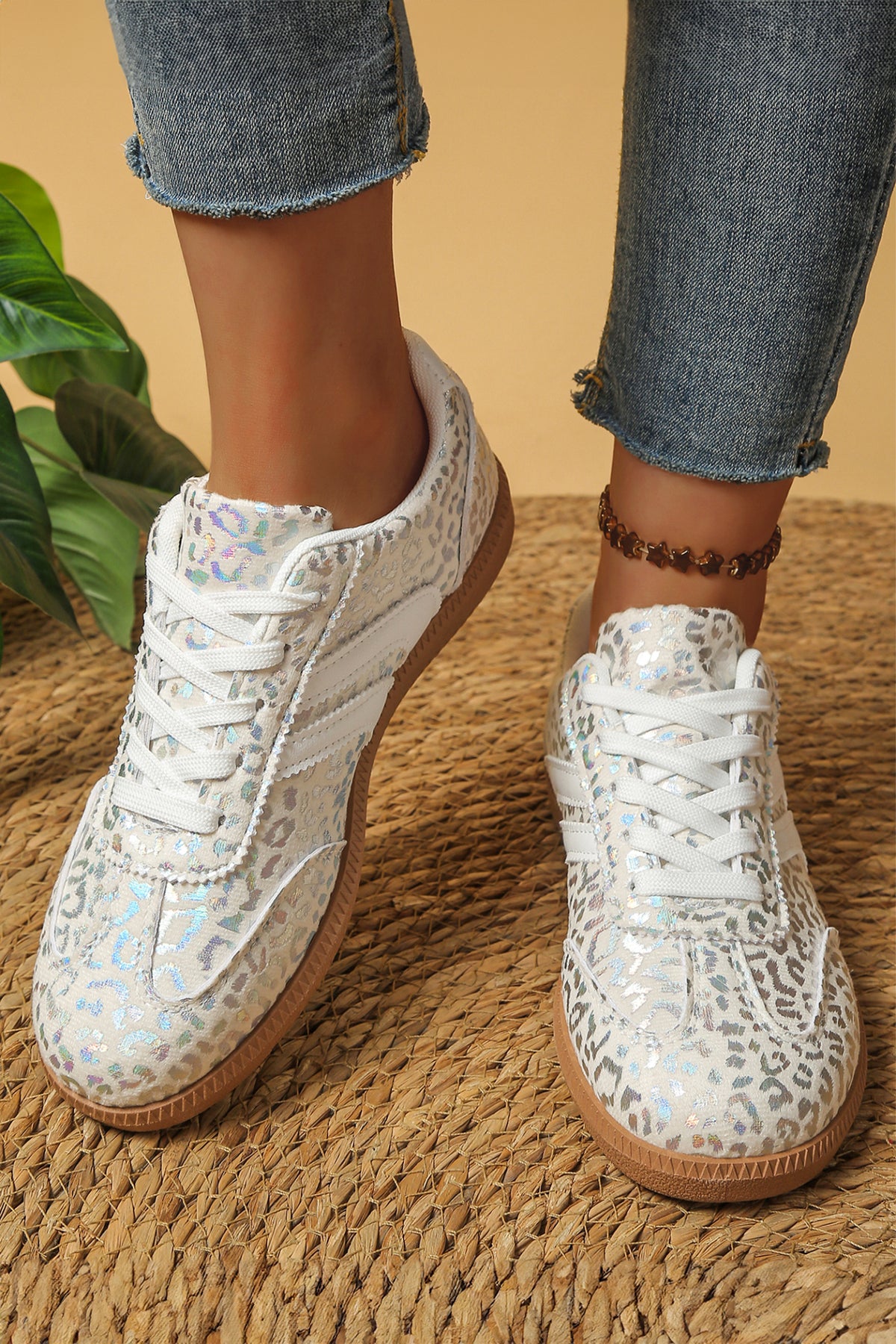 White PU Leather Shimmer Leopard Printed Lace-up Sneakers