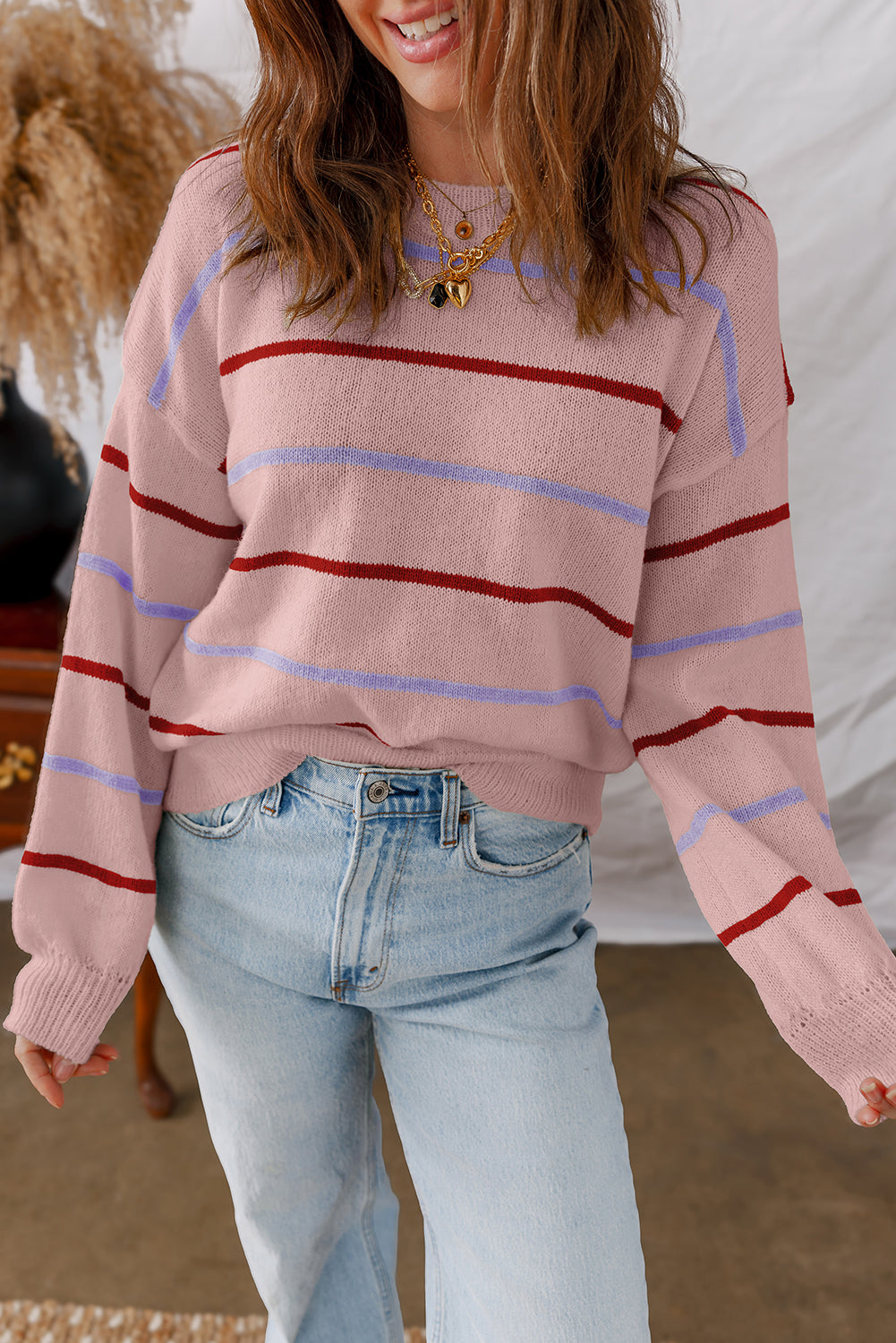 Pink Stripe Ribbed Edge Drop Shoulder Sweater