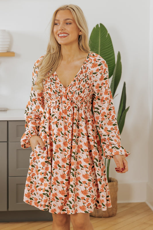 Beige Floral Deep V Neck Smocked Bust Bubble Sleeve Babydoll Dress