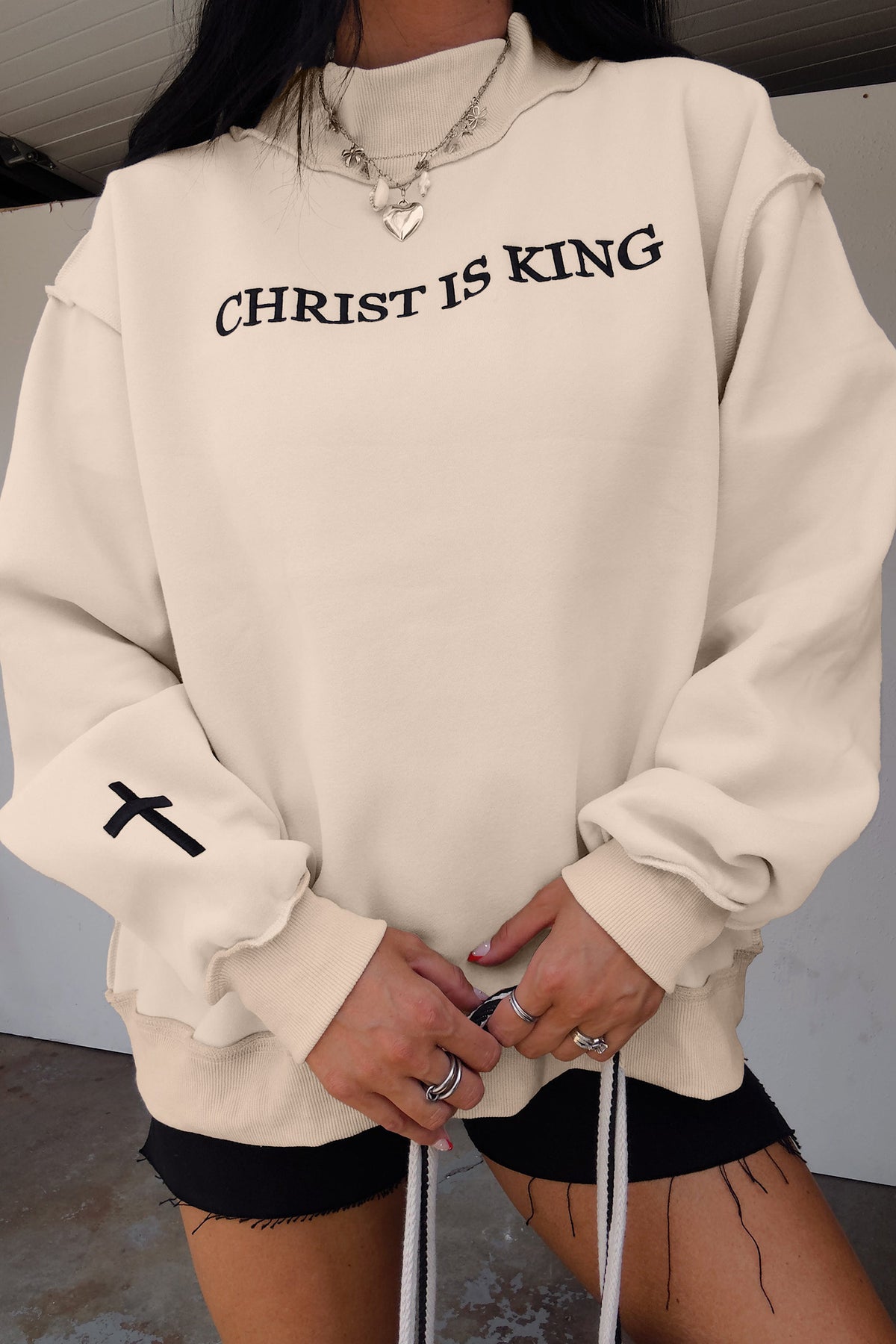 Black CHRIST IS KING Embroidery High Neck Sweatshirt
