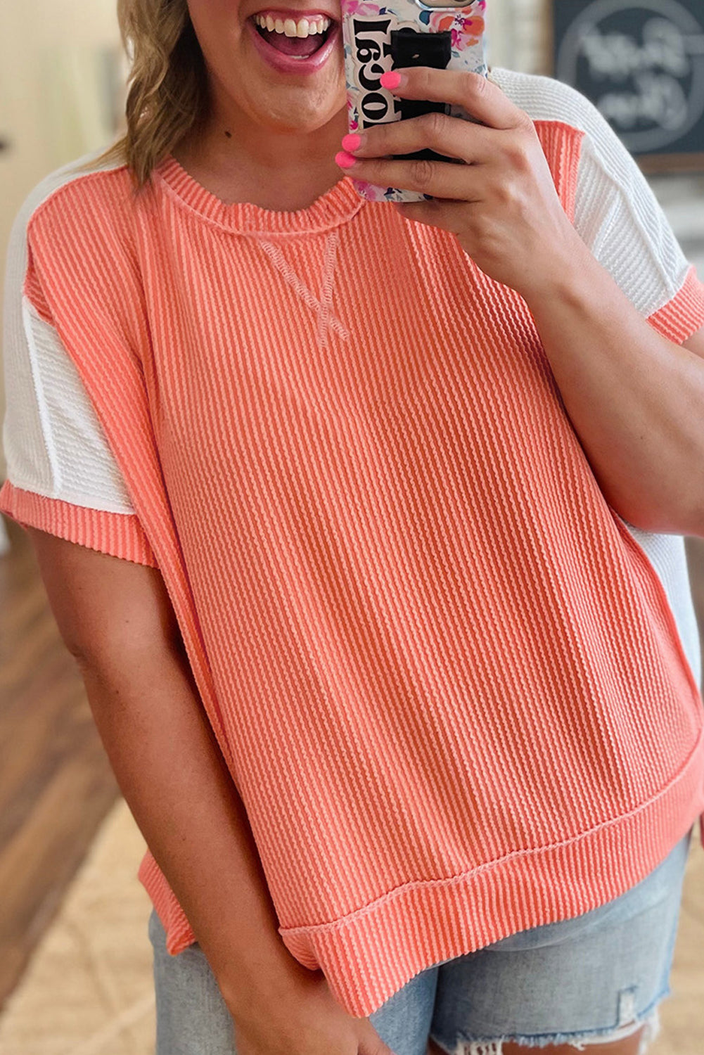 Carrot Twist Rib Color-Block Hi Low Plus Size Short-Sleeve Top