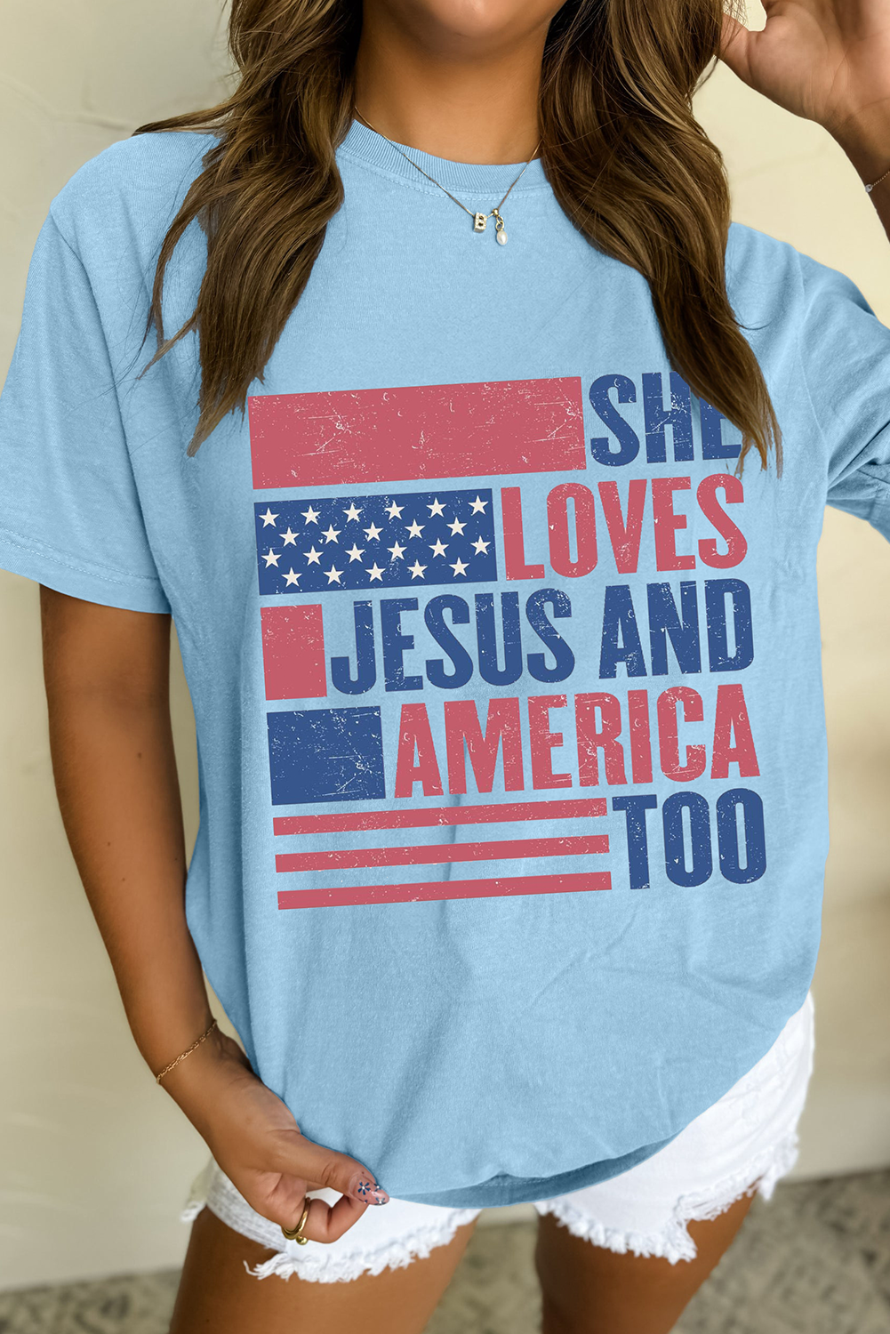 Light Blue SHE LOVES JESUS AND AMERICA TOO Flag Graphic T-Shirt