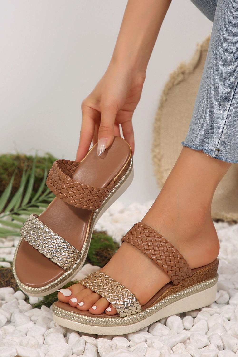 Gold Braided Dual Band PU Leather Wedge Sandals