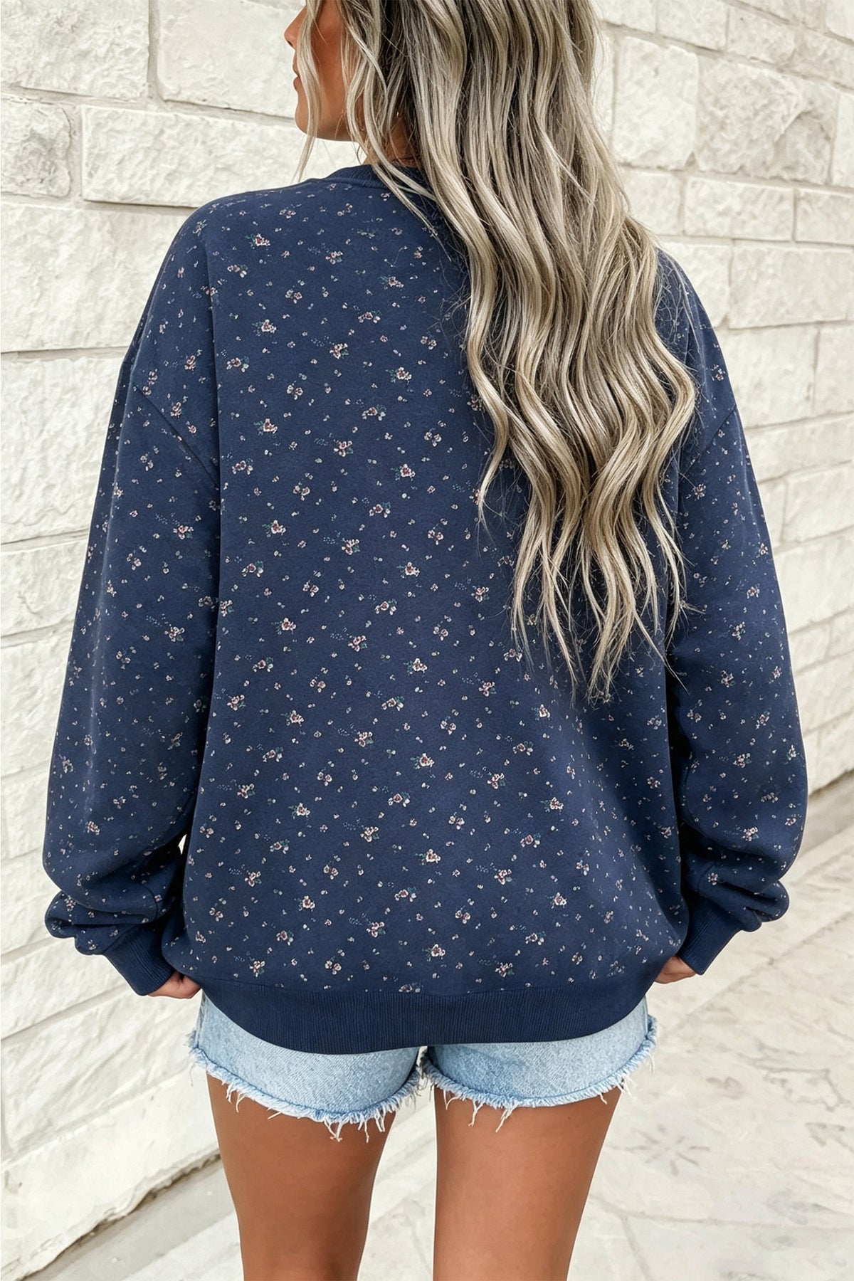 Blue Floral Drop Shoulder Pullover Sweatshirt