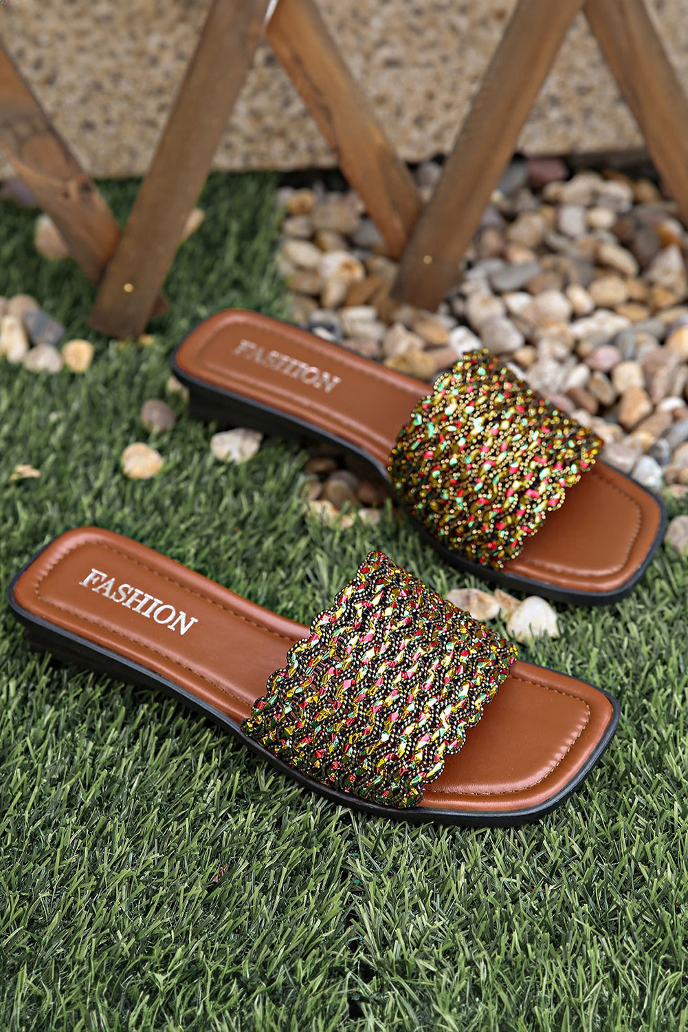Red Dahlia Glitter Braided Square Toe PU Leather Sandals