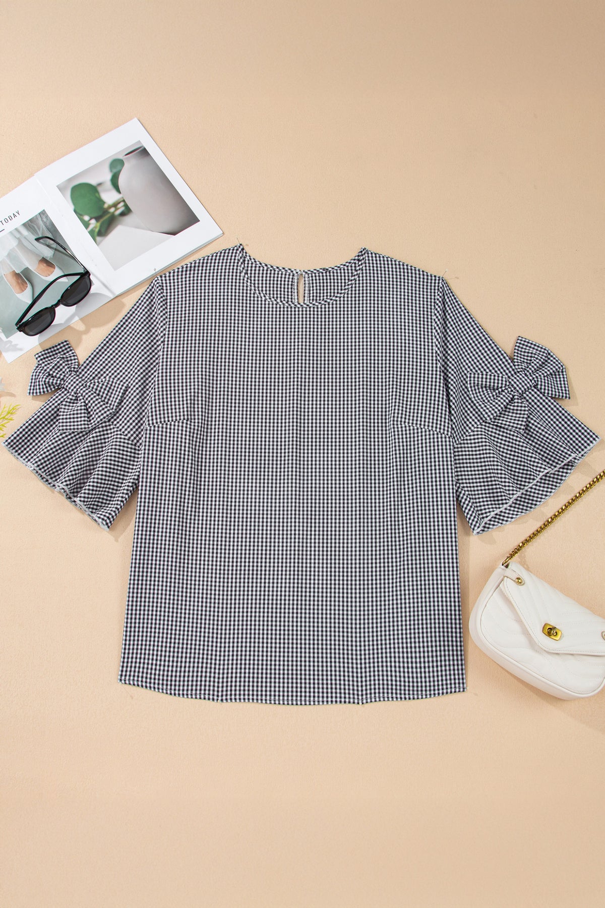 Black Plus Size Plaid Bow Decor Bell Sleeve Round-Neck Jumper