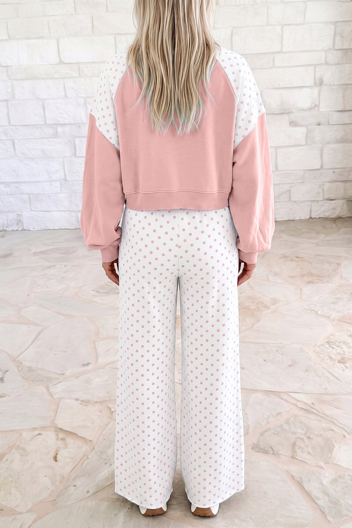 Women's Green Polka Dot Patchwork Colorblock Long-Sleeve Casual Two-Piece Pants Set
