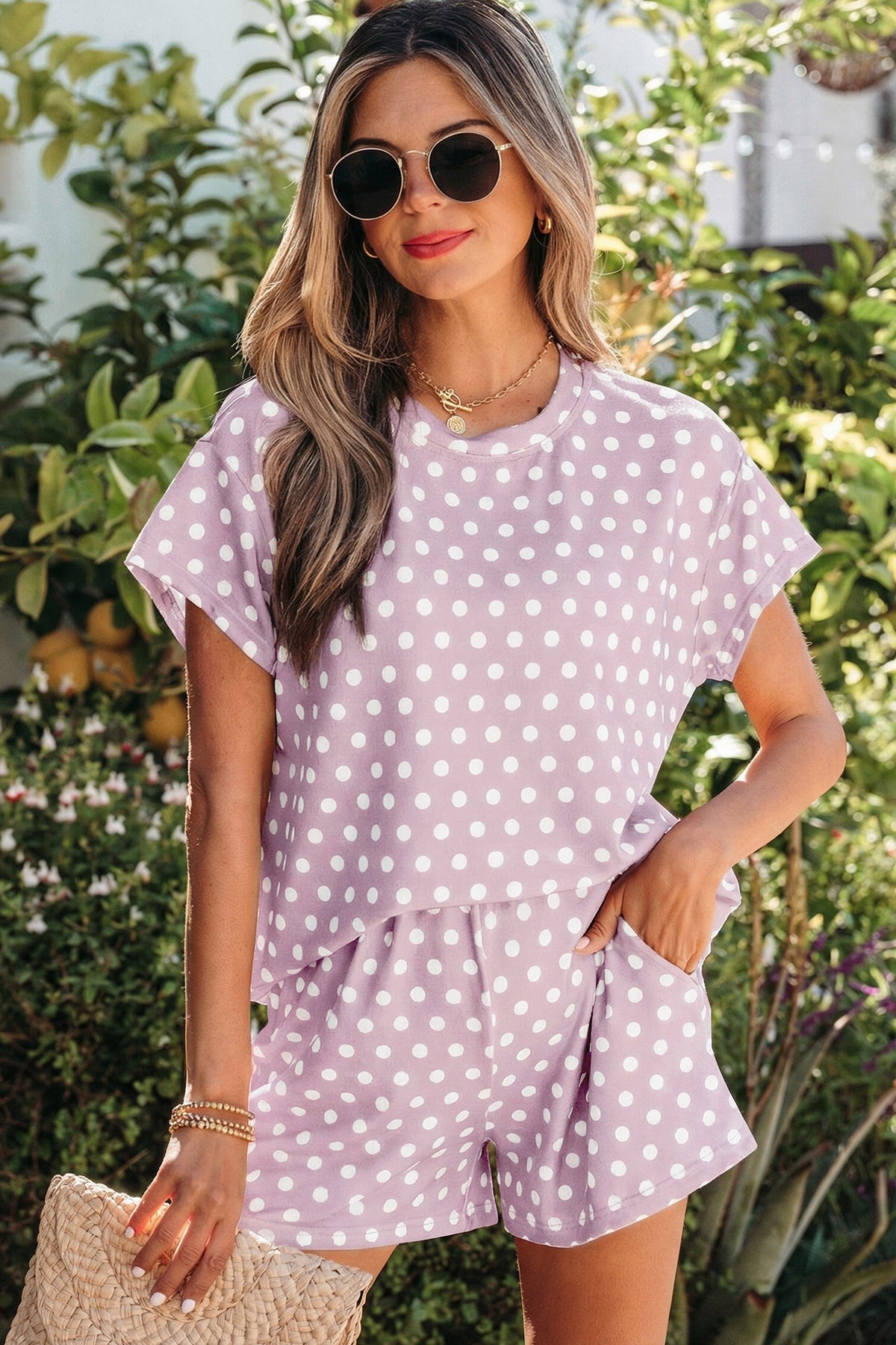 Women's Pink Polka Dot Print Shorts Two-Piece Set