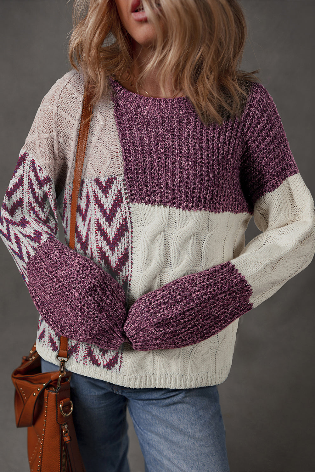 Brown Color Block Patchwork Knotted Back Loose Fit Sweater