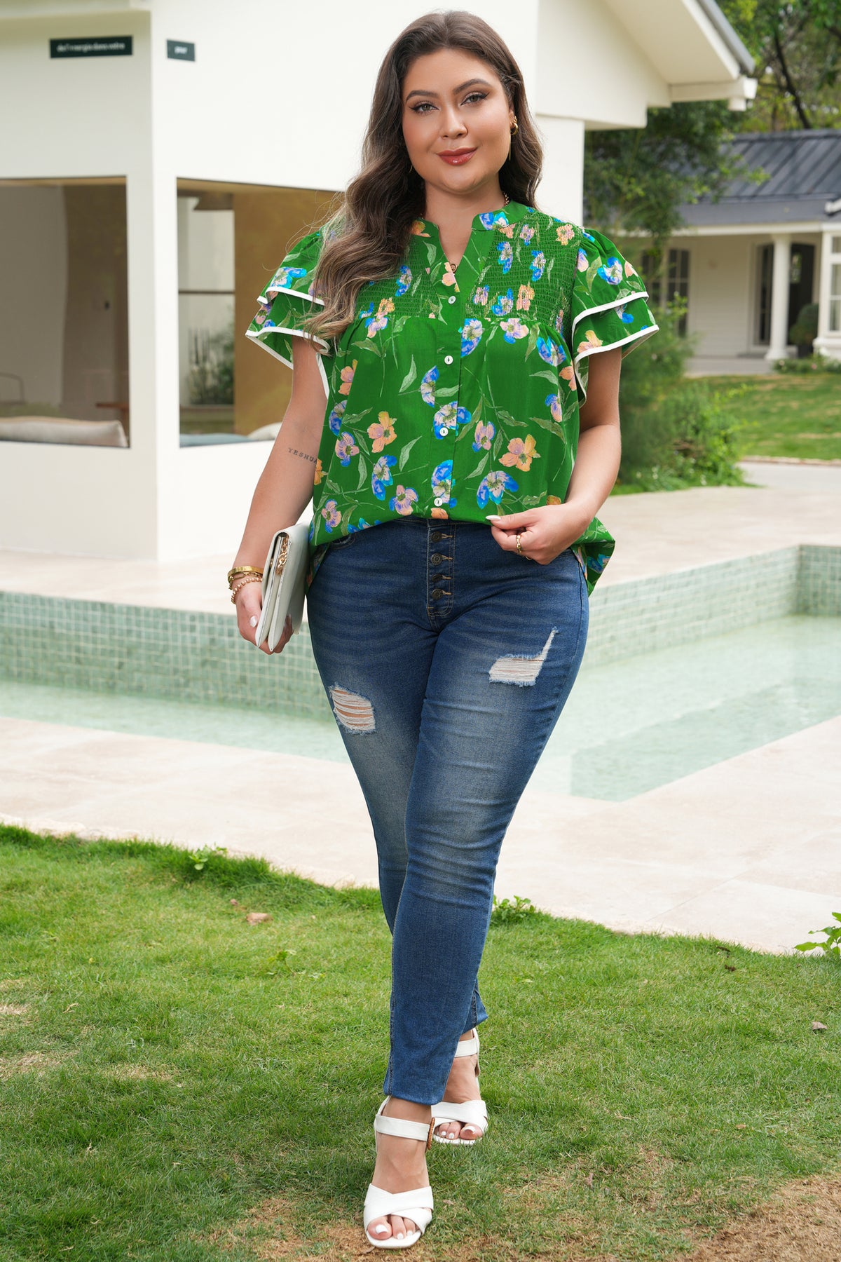 Green Plus Size Ruffled Short-Sleeve Floral Top
