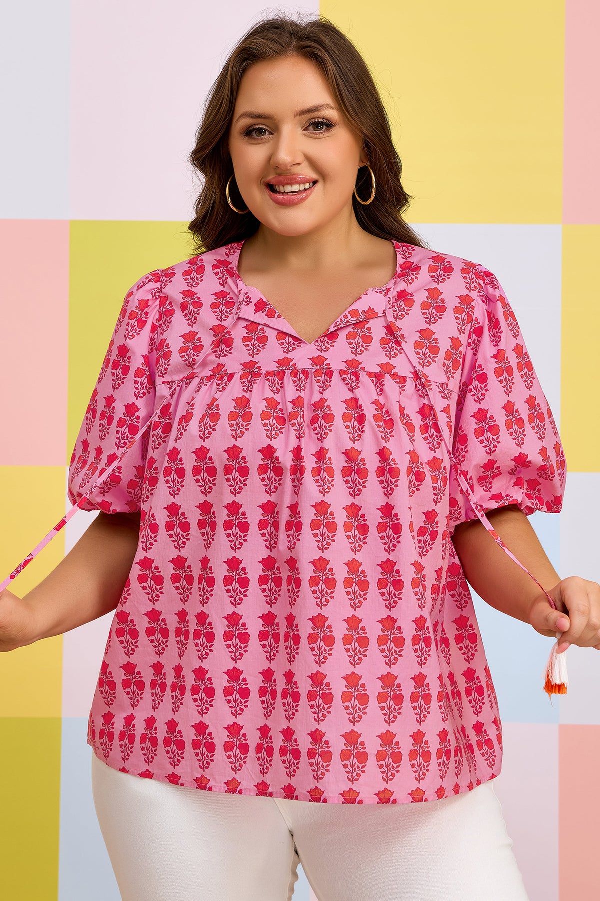Pink Plus Size Floral Print Tassel Tie Puff-Sleeve Cotton Blouse