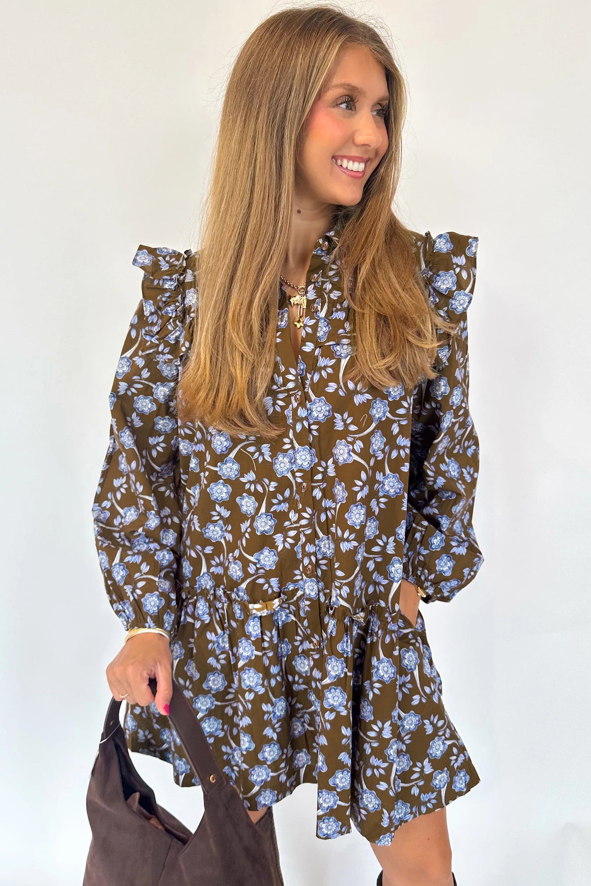 Brown Floral Print Ruffled Shirt Collar Button Down Long Sleeve Dress