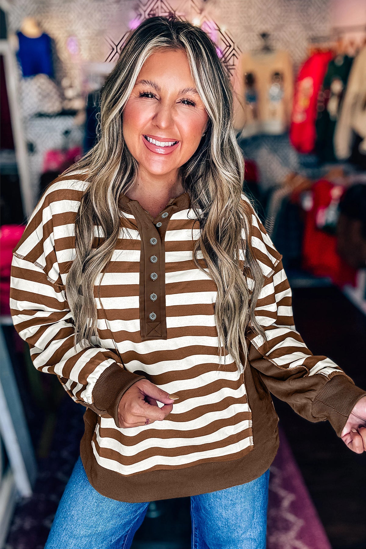 Brown Stripe Exposed Seam Color Block Button Placket Sweatshirt