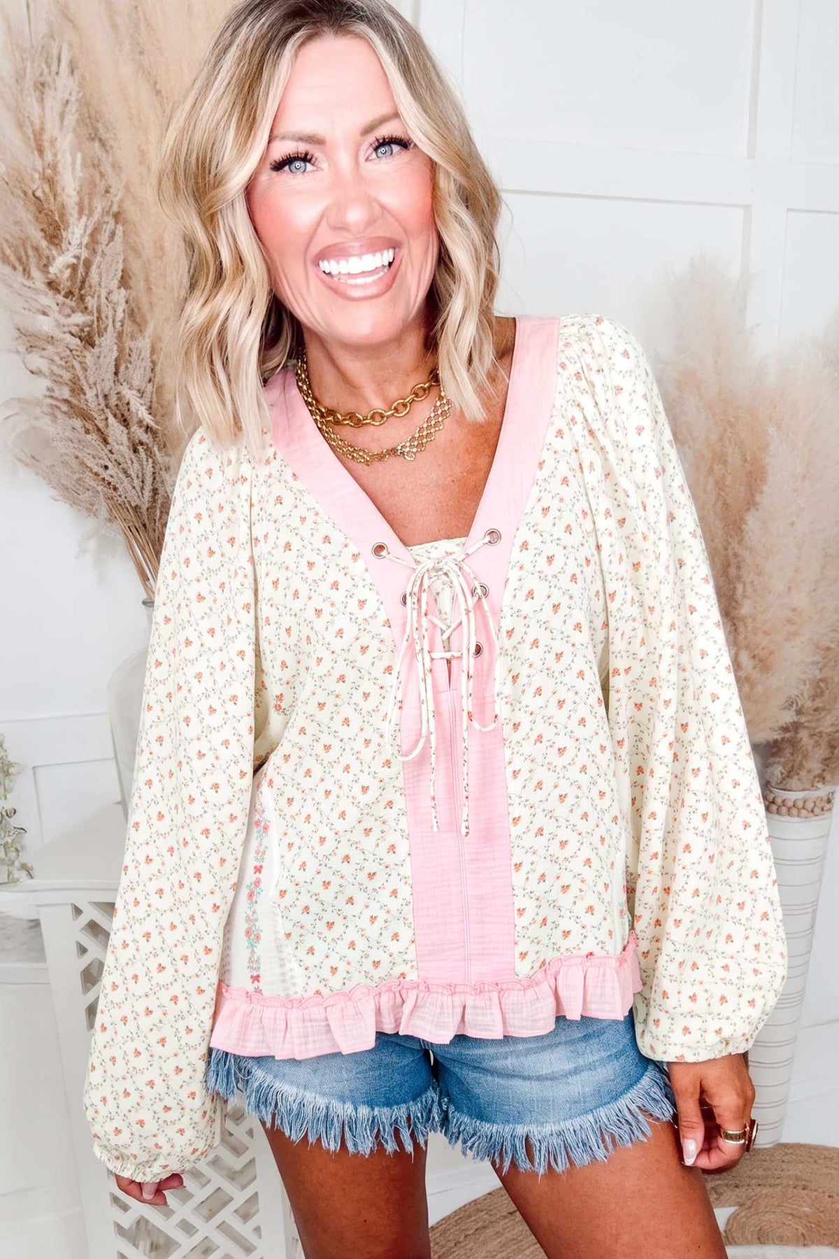 Beige Floral Print Color Block Trim Lace-up V Neck Blouse