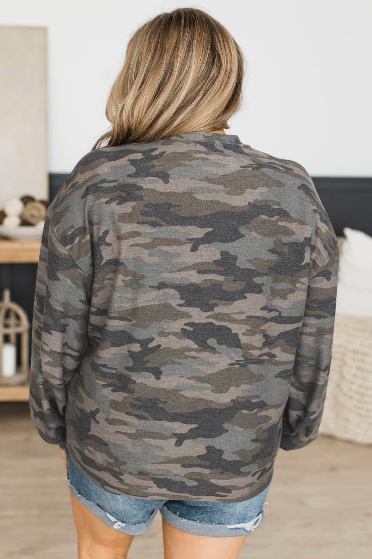 Green Camo Print Long-Sleeve Plus Size Blouse