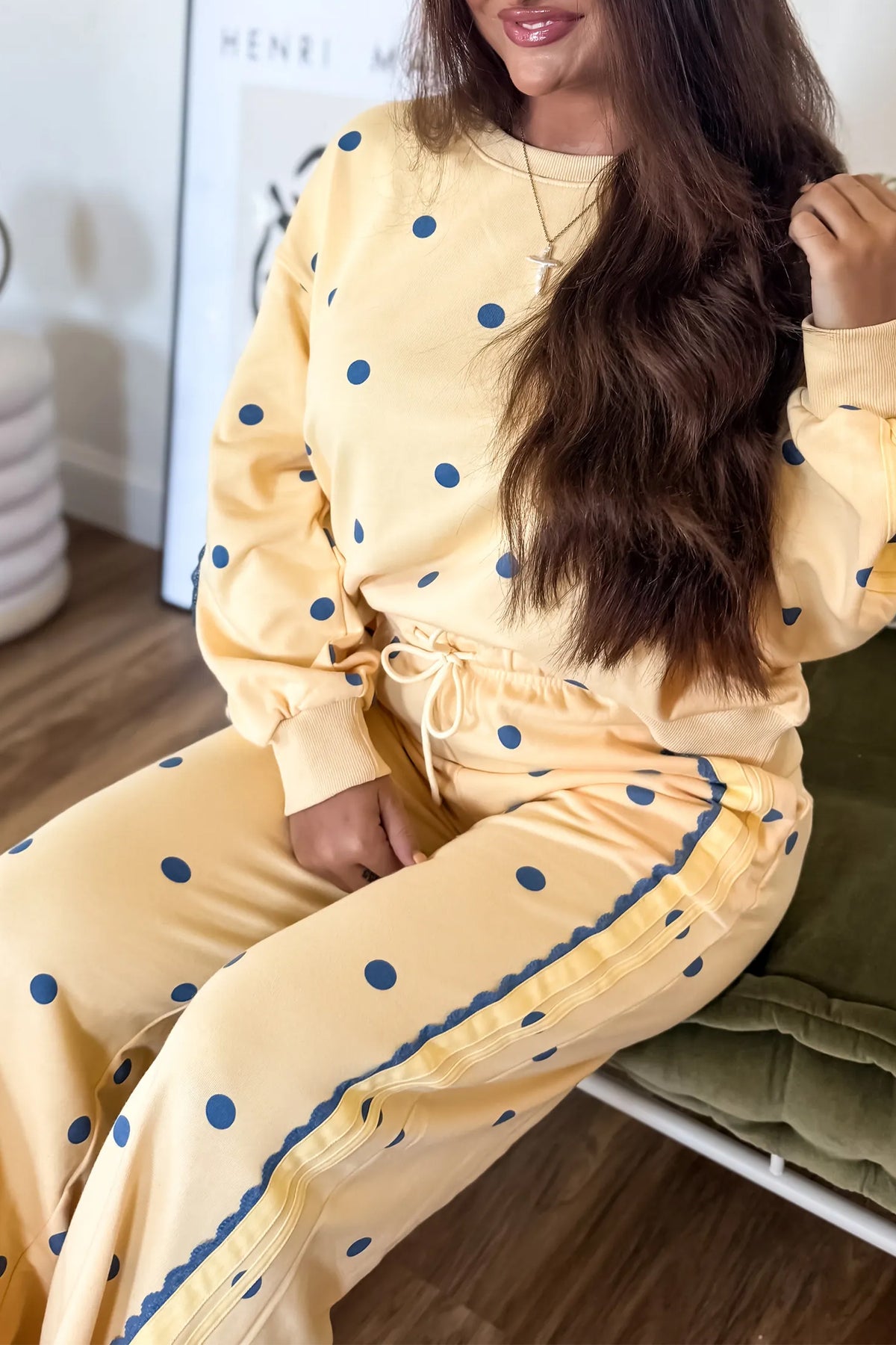 Yellow Polka Dot Top and Patchwork Wide Leg Pants Set